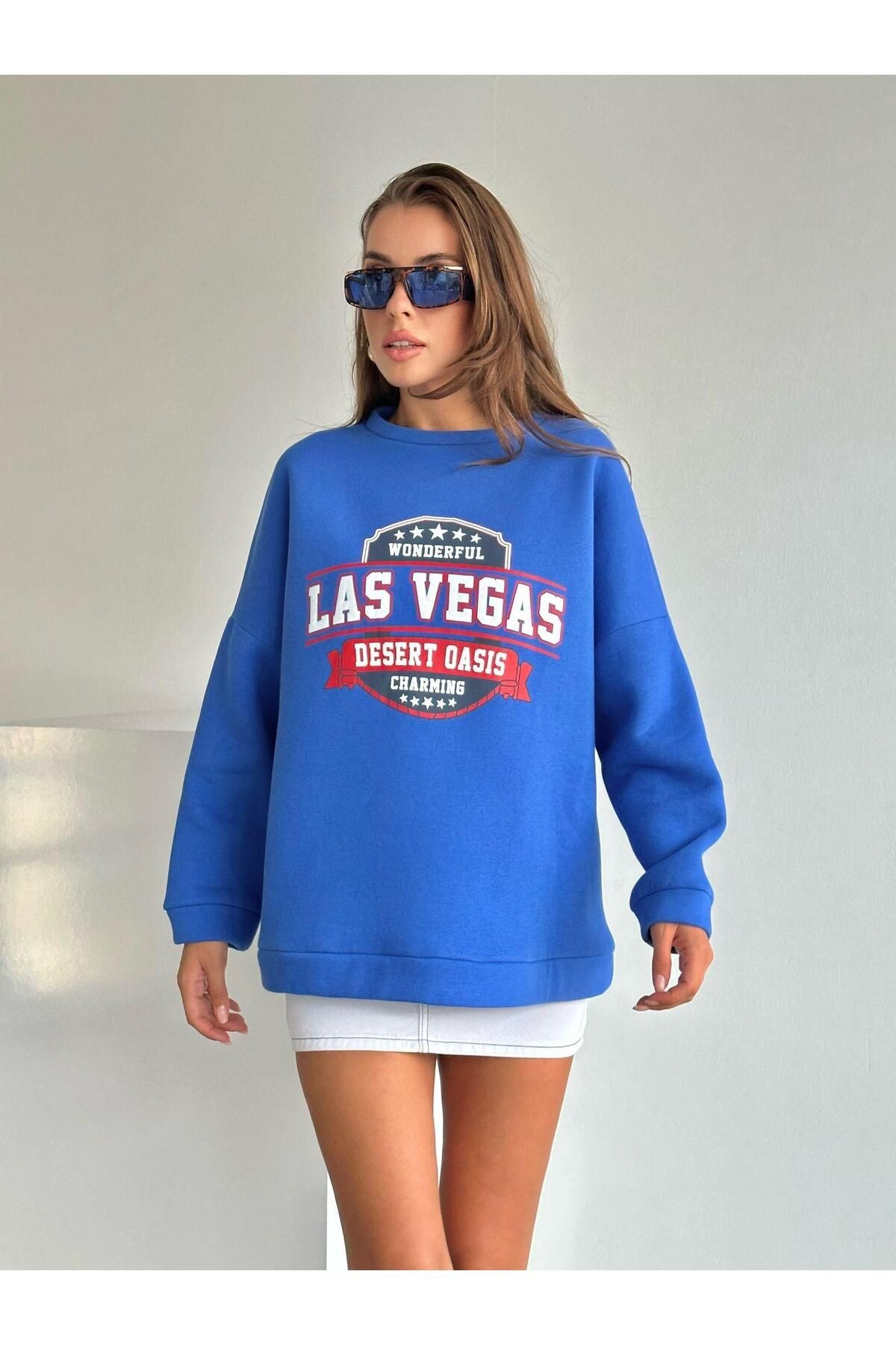 Las Vegas Üç İplik Oversize Sweat Saks Mavi