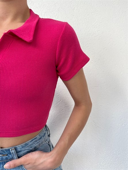 Polo Yaka Kaşkorse Crop Pembe