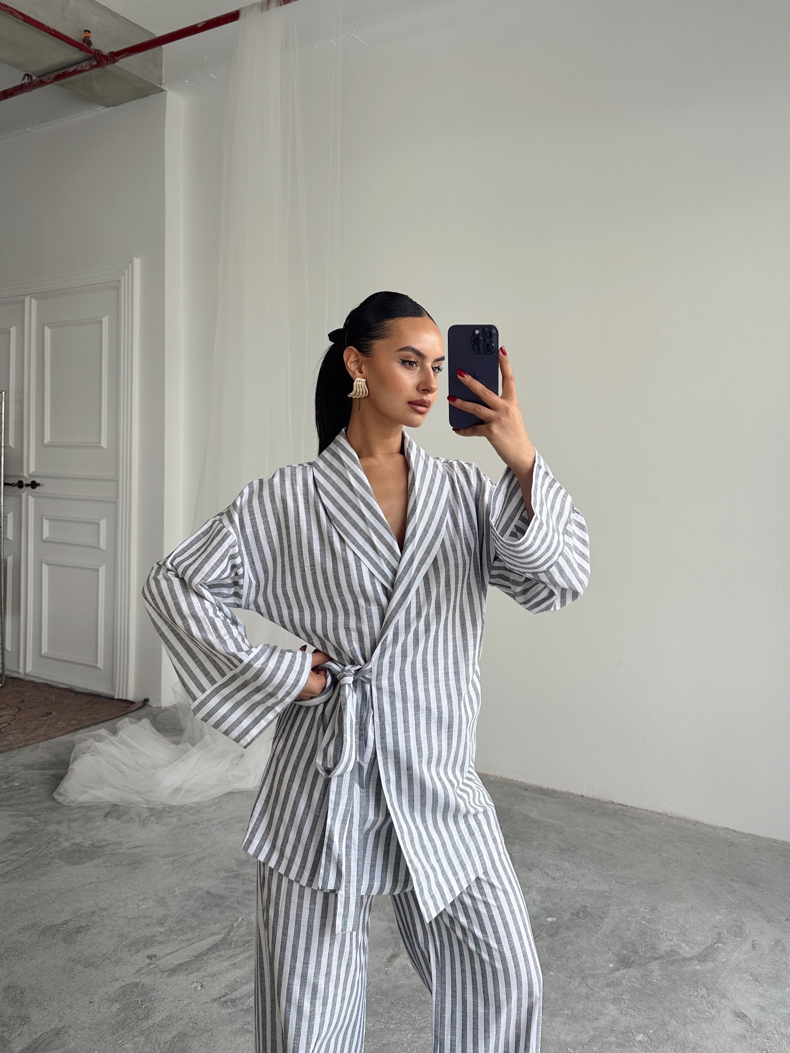Çizgili Kimono Takım  - Gri
