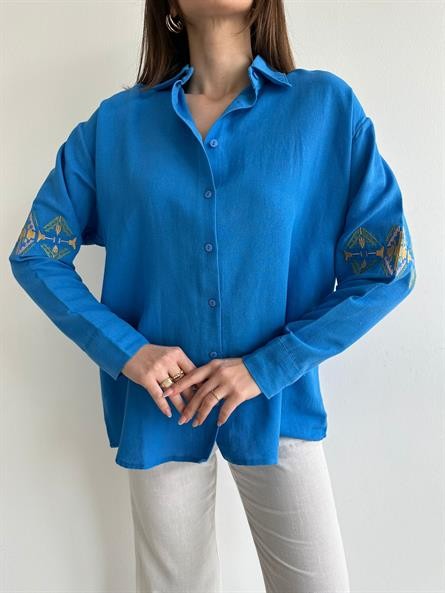 Kol Nakış İşleme Oversize Keten Gömlek Mavi