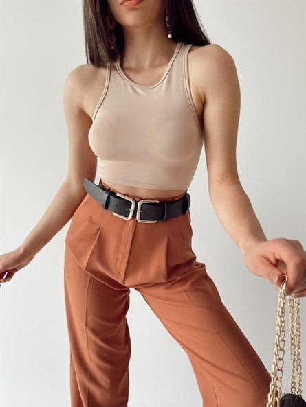 Scuba Halter Yaka Kolsuz Crop Bej