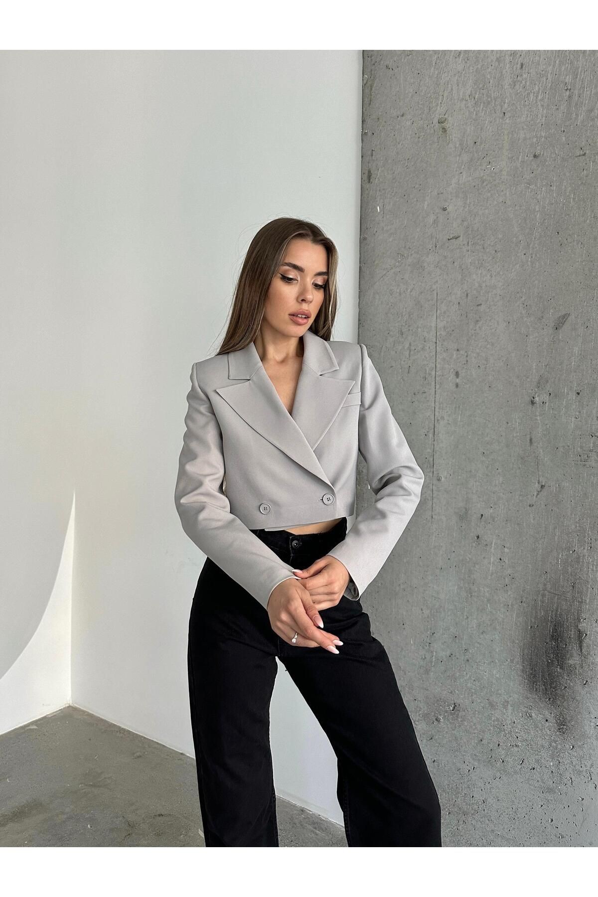 Çift Düğme Crop Blazer Ceket Gri