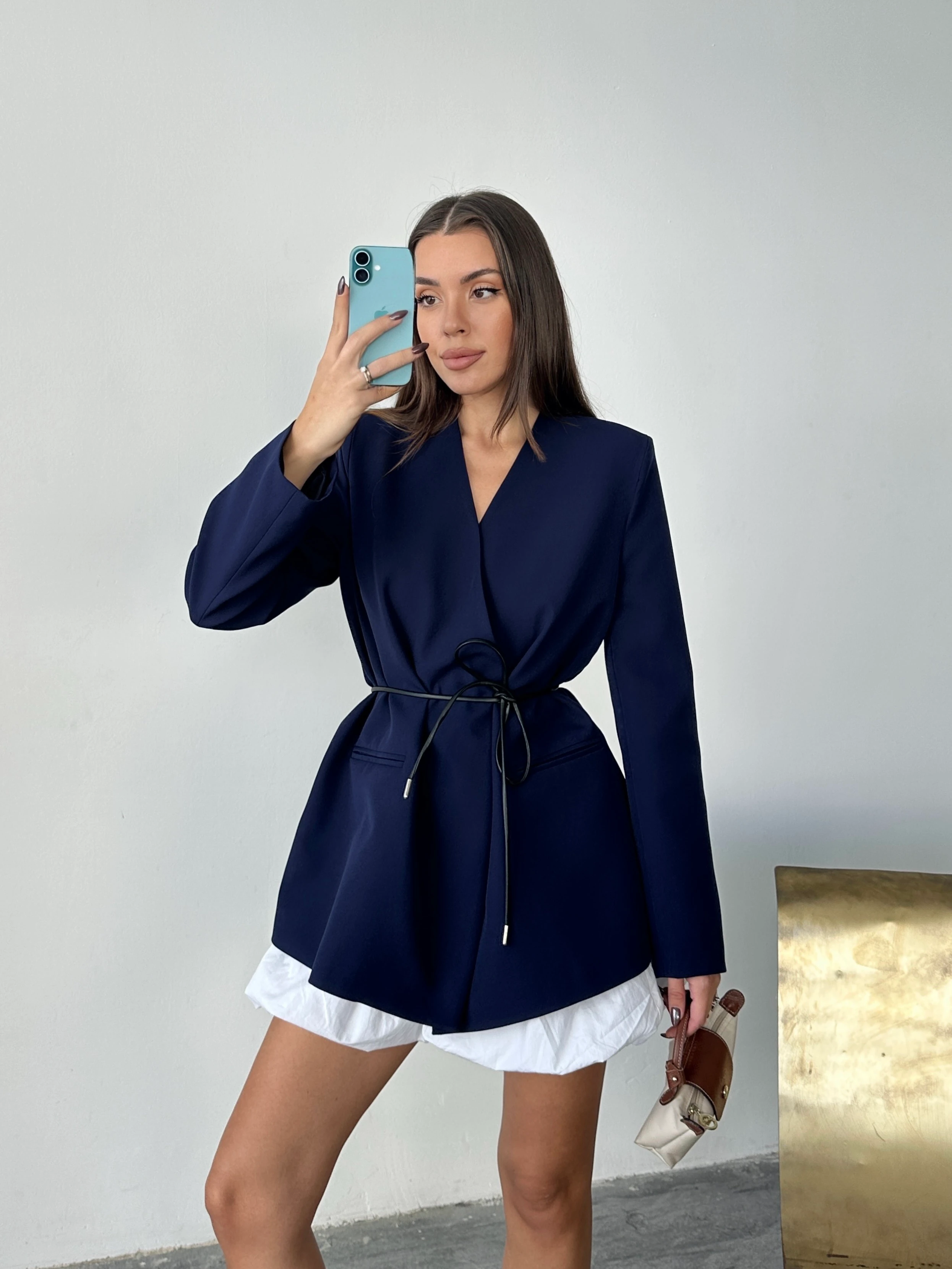 Deri Kemerli Blazer Ceket - Lacivert