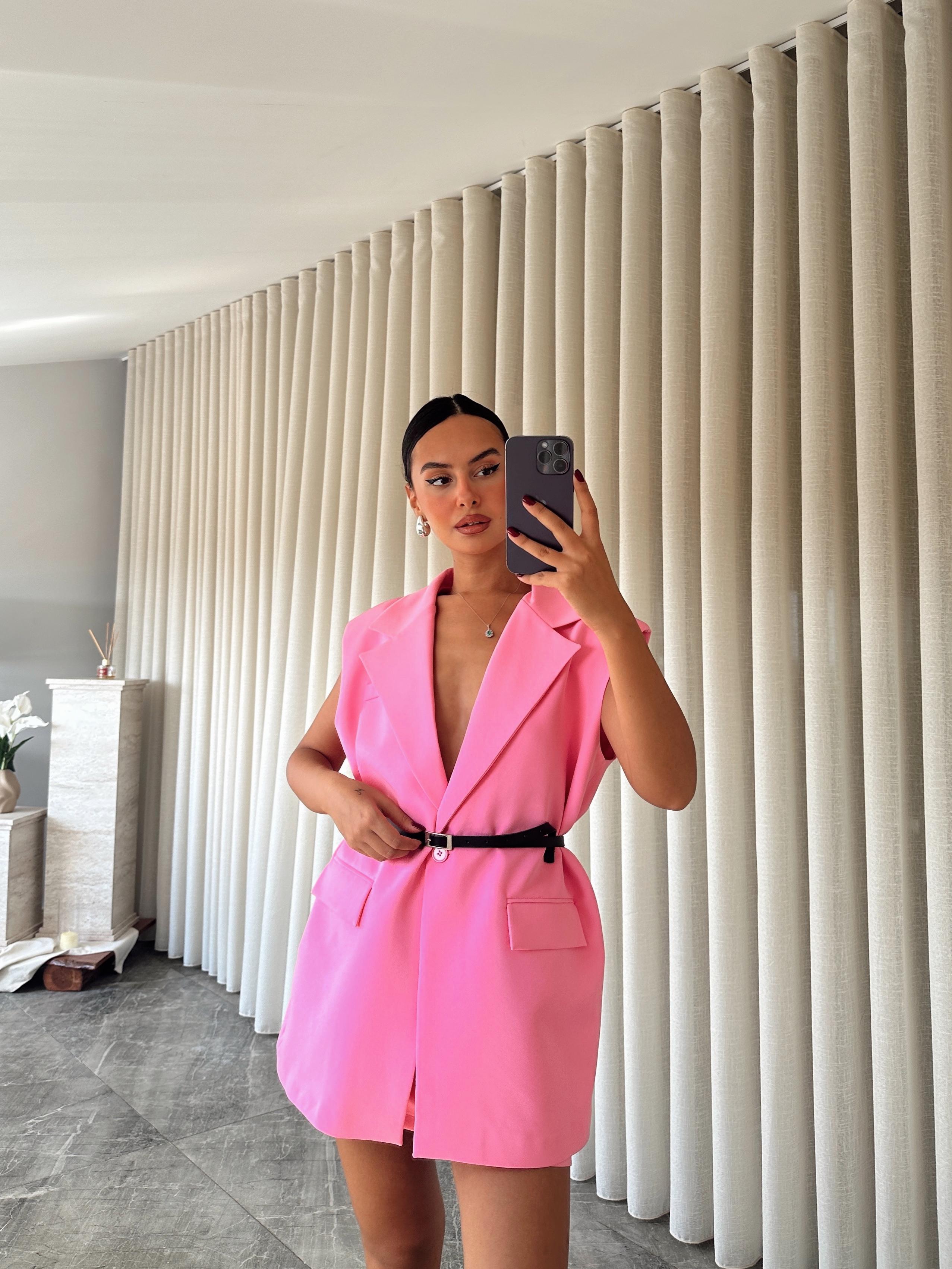 Deri Kemerli Yelek - Pembe