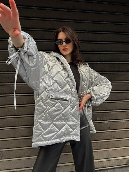 Shine Kapüşonlu Oversize Mont Metalik Gri