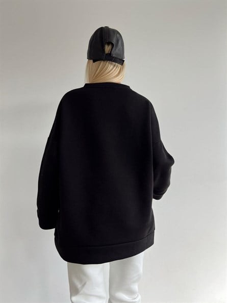 Wellness İşleme Nakışlı Oversize 3 İplik Şardonlu Sweatshirt Siyah