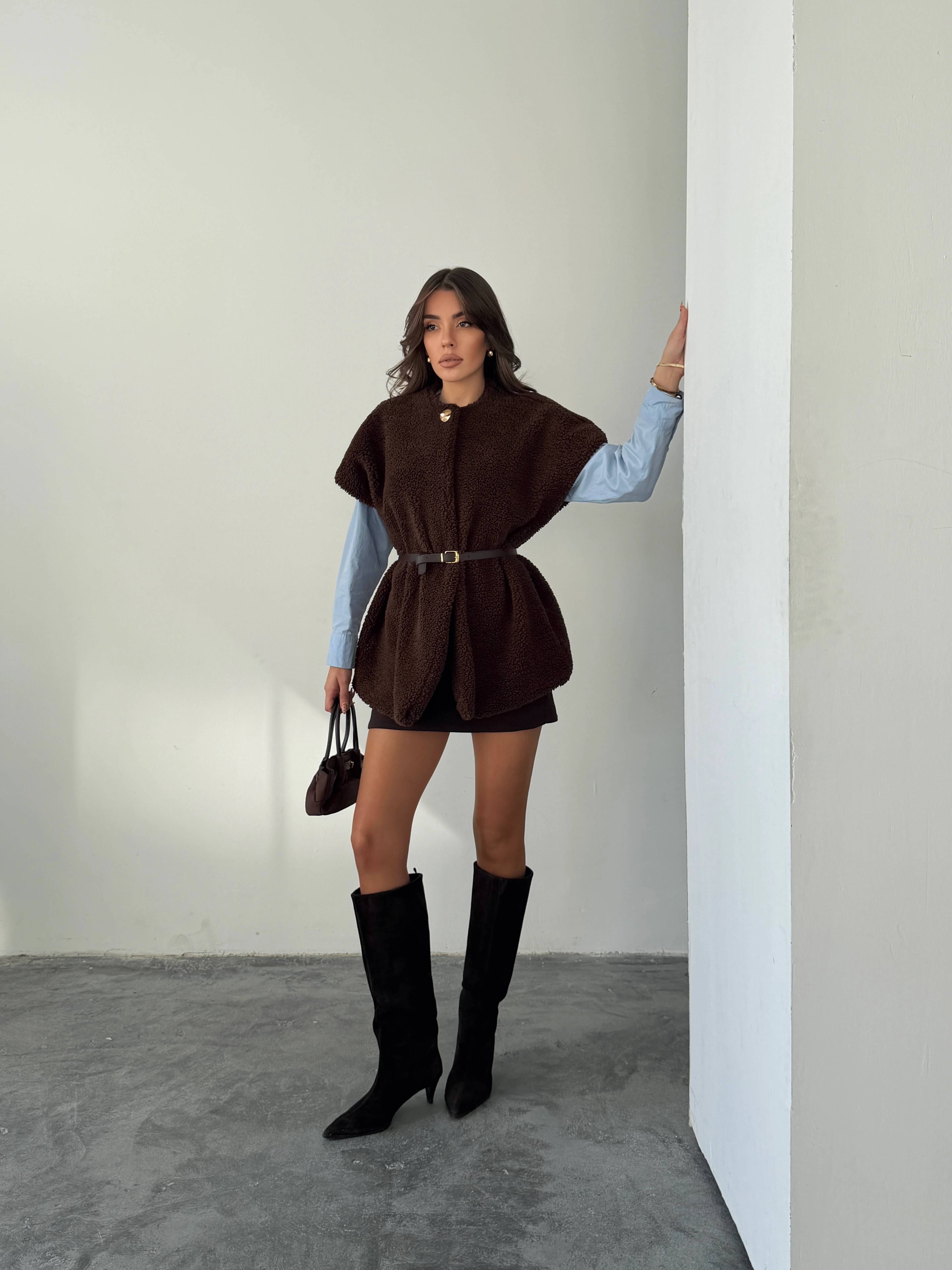 Kemerli Kürk Yelek - Kahverengi