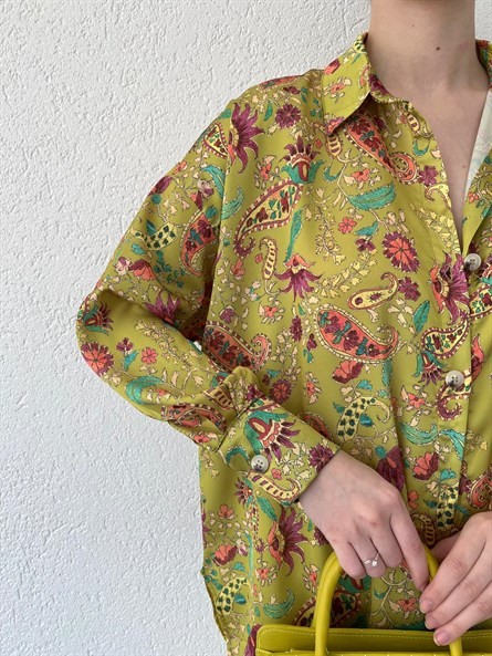 Bohem Desen Oversize Saten Gömlek Yeşil