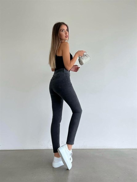Yüksek Bel Likralı Skinny Jean Füme