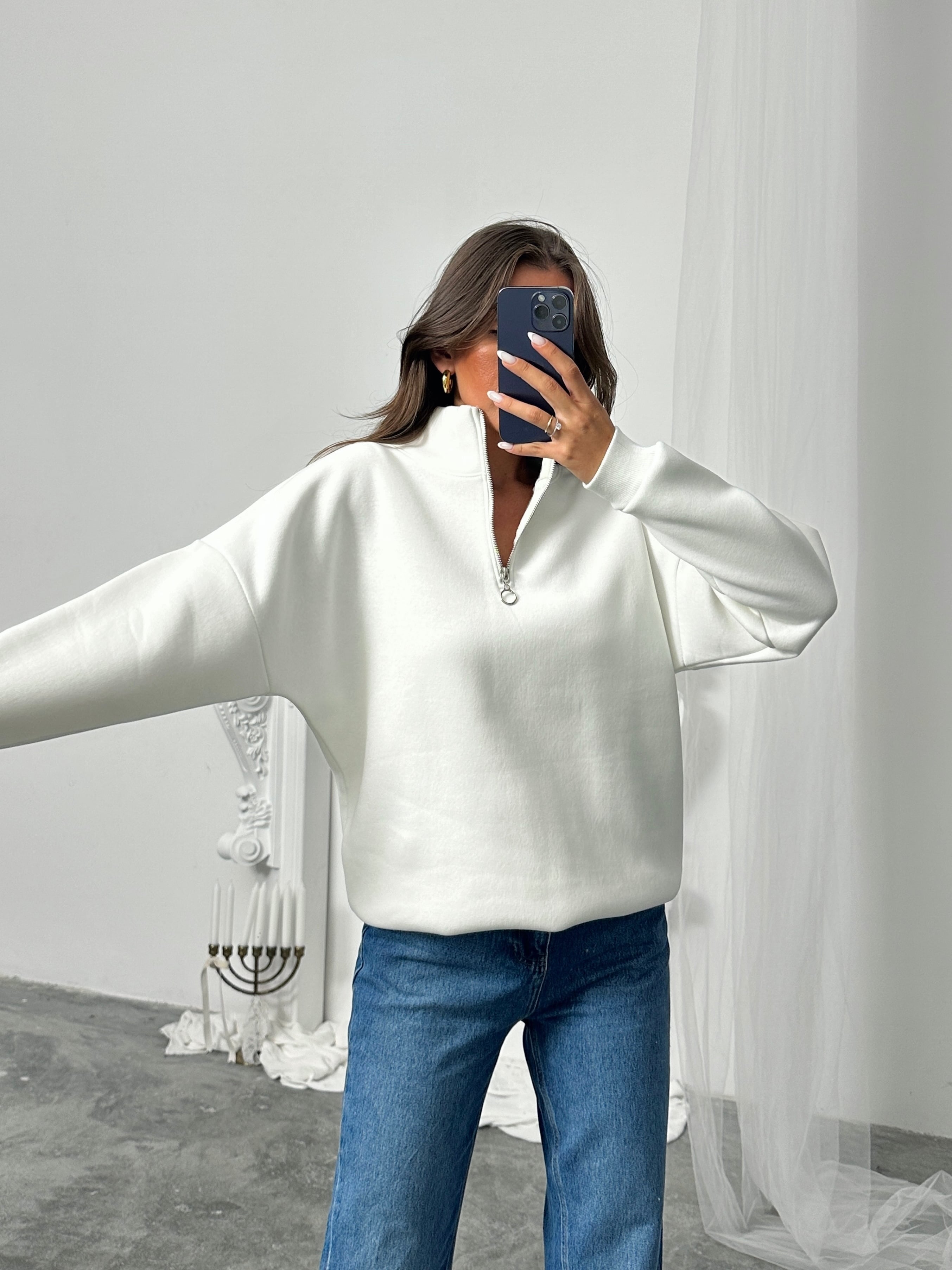 Yarım Fermuarlı Sweat - Beyaz