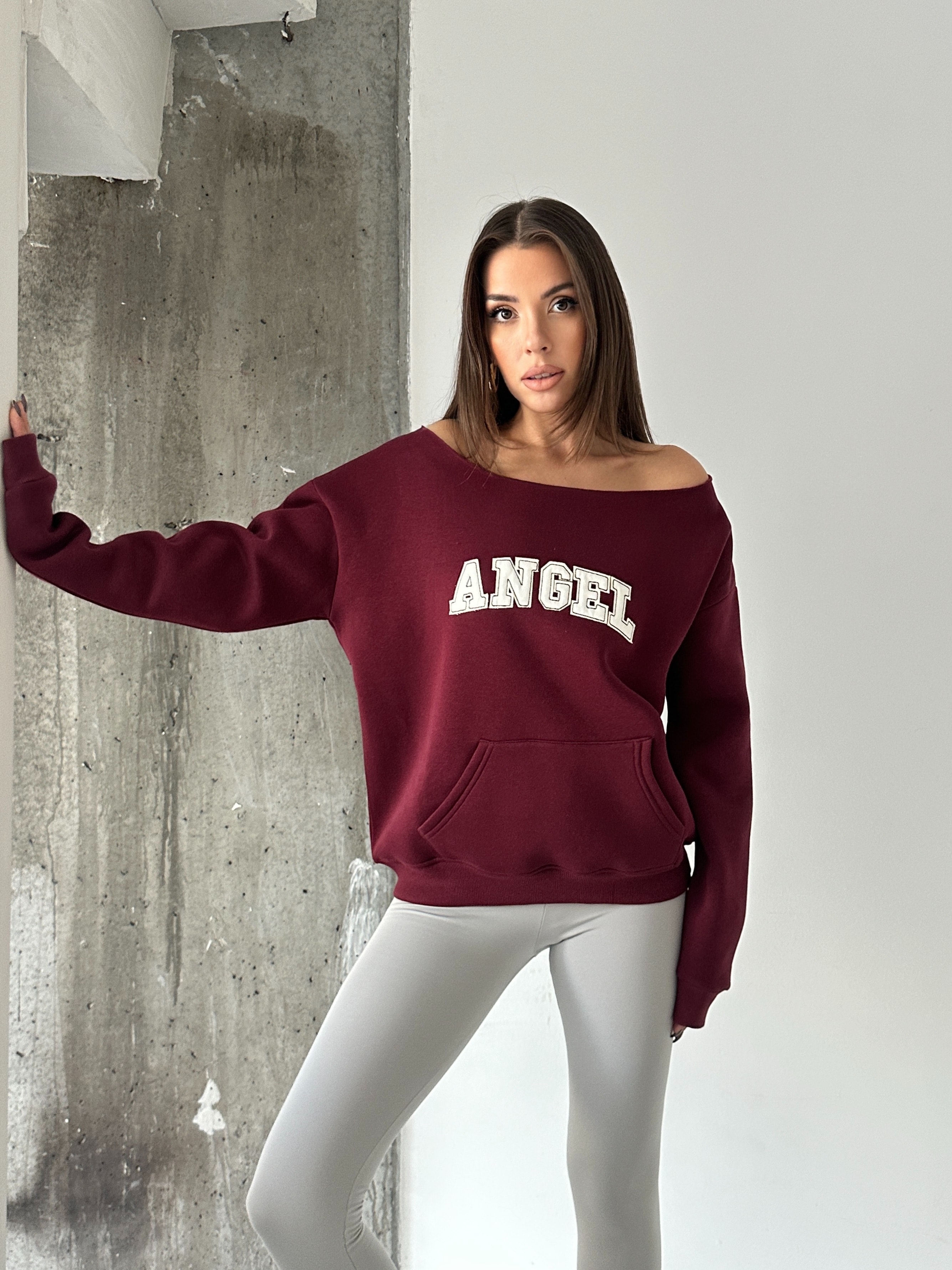 Angel Nakışlı Kayık Yaka Sweat - Bordo