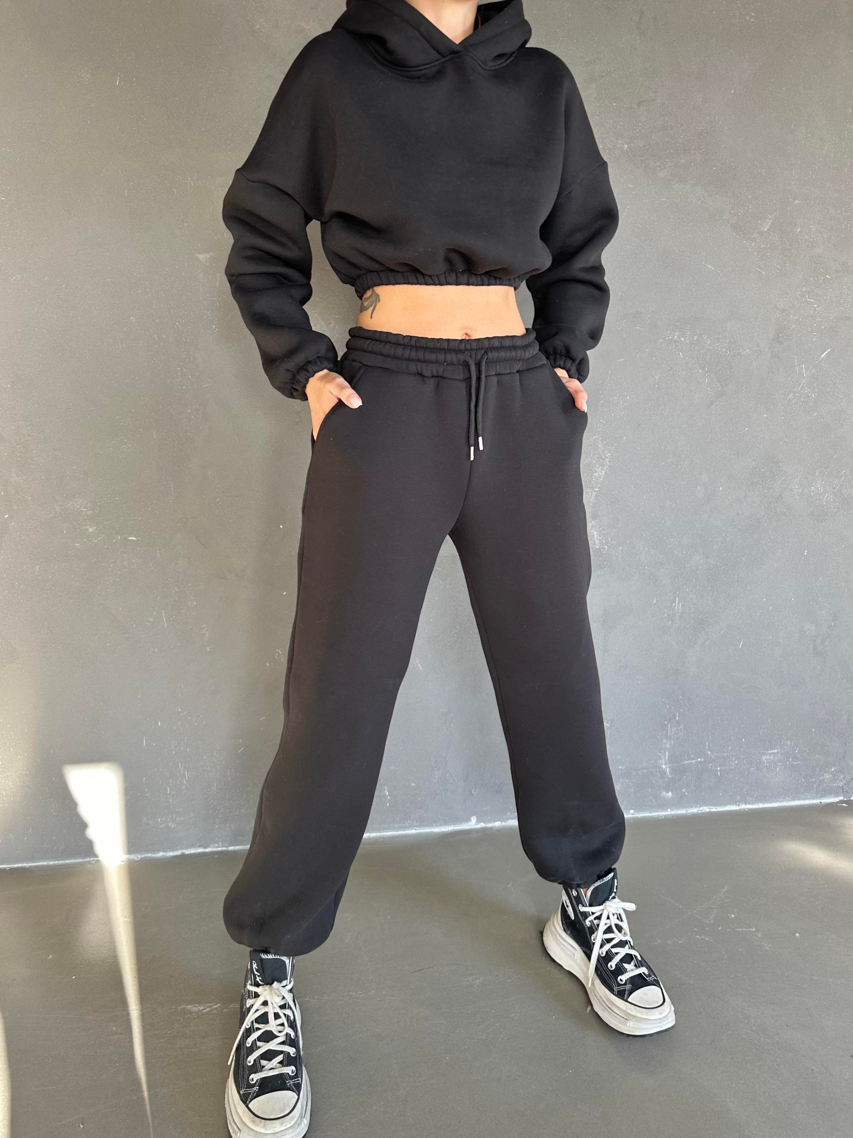 Kapüşonlu Crop Sweat Jogger Eşofman Takım Siyah