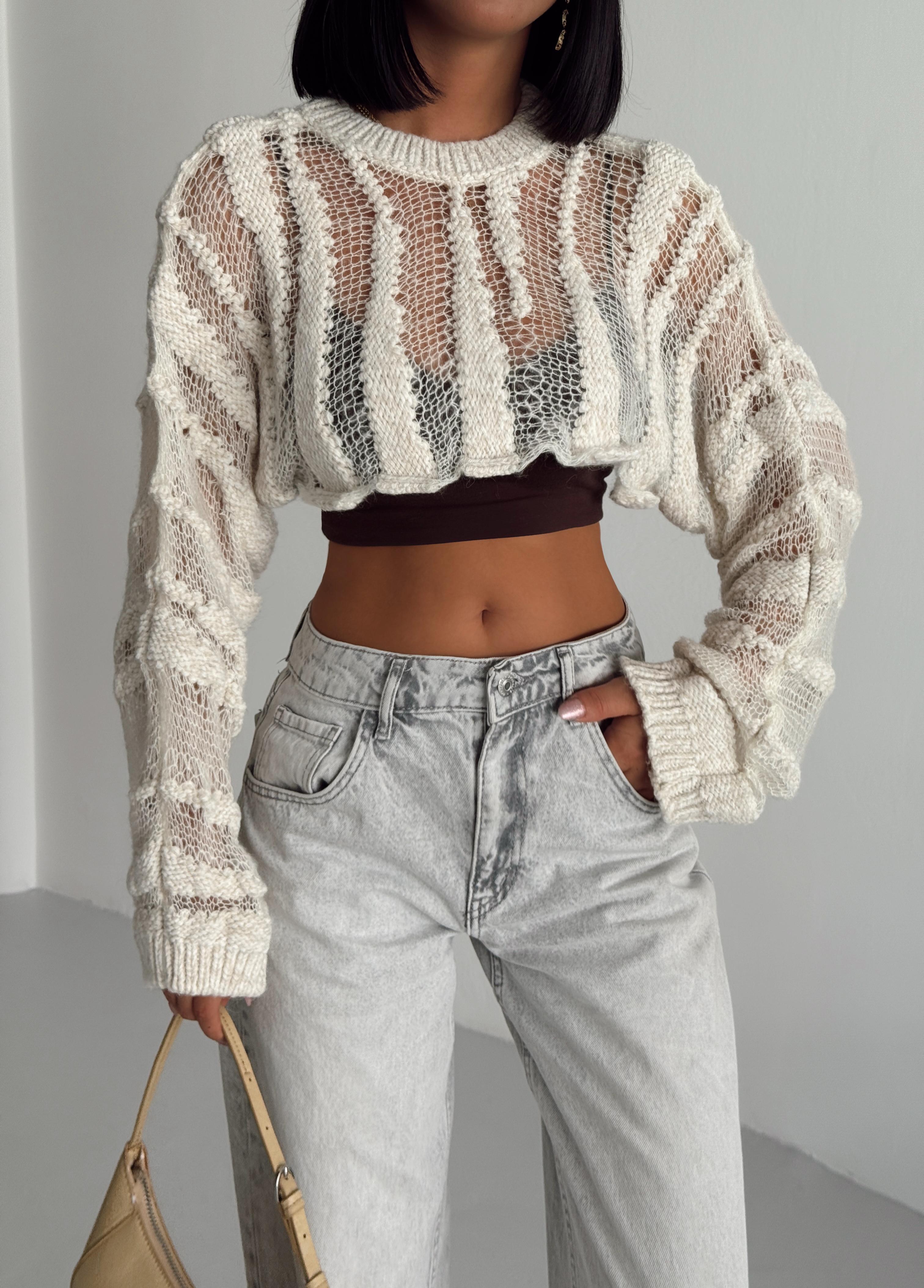 Ajurlu Crop Triko - Krem