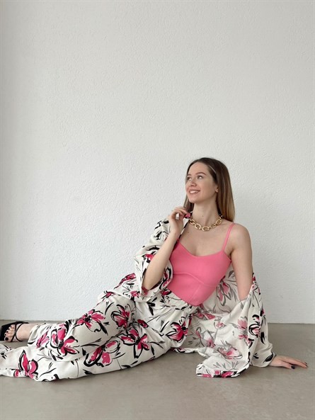 Flora Keten Bağlamalı Kimono Pembe