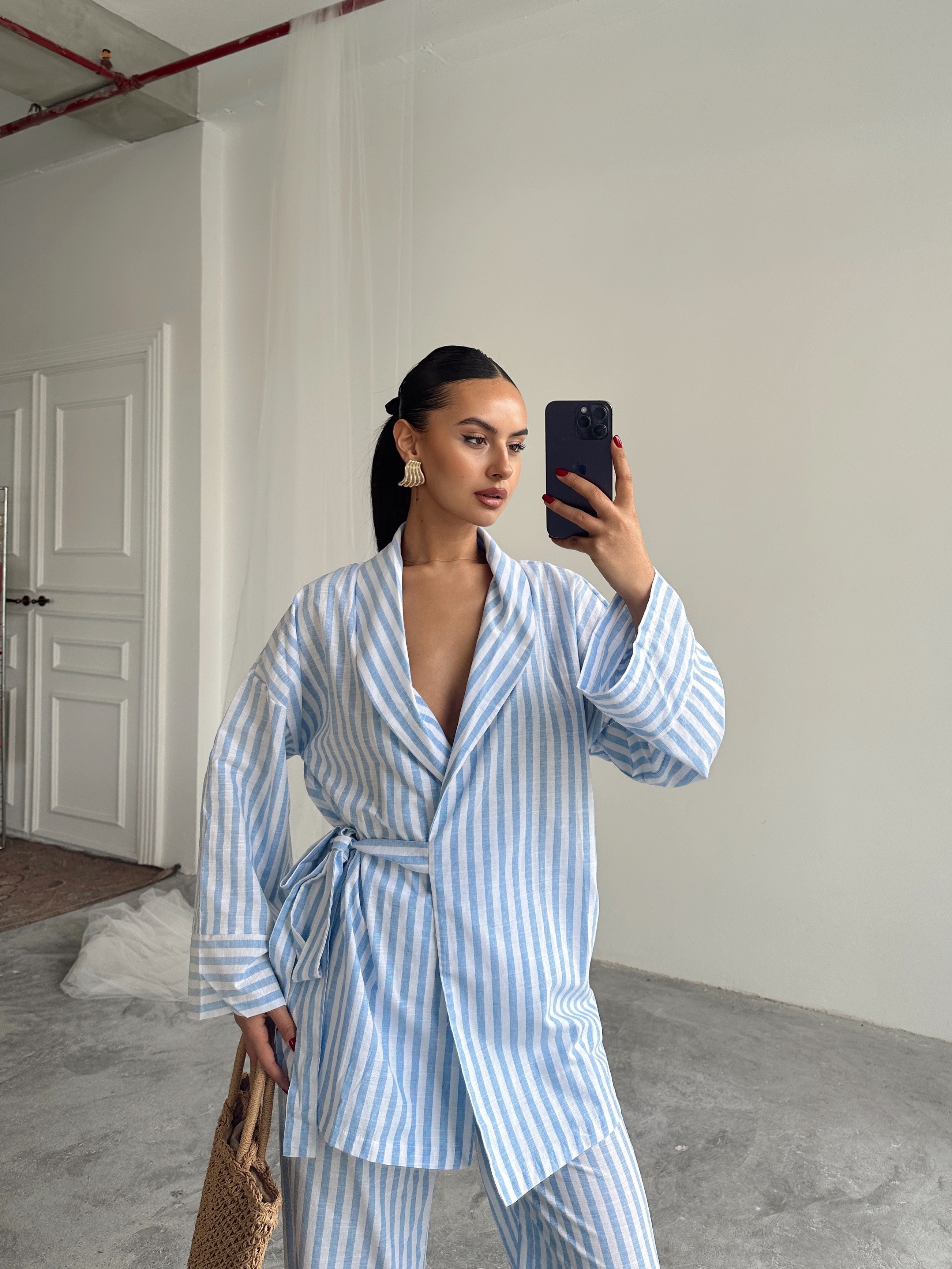 Çizgili Kimono Takım  - Mavi