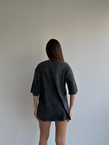 Girl Baskı Yıkamalı T-Shirt Füme