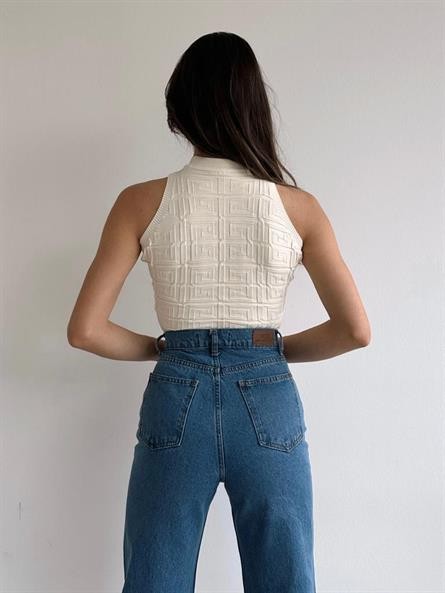 Labirent Desen Halter Triko Crop Krem