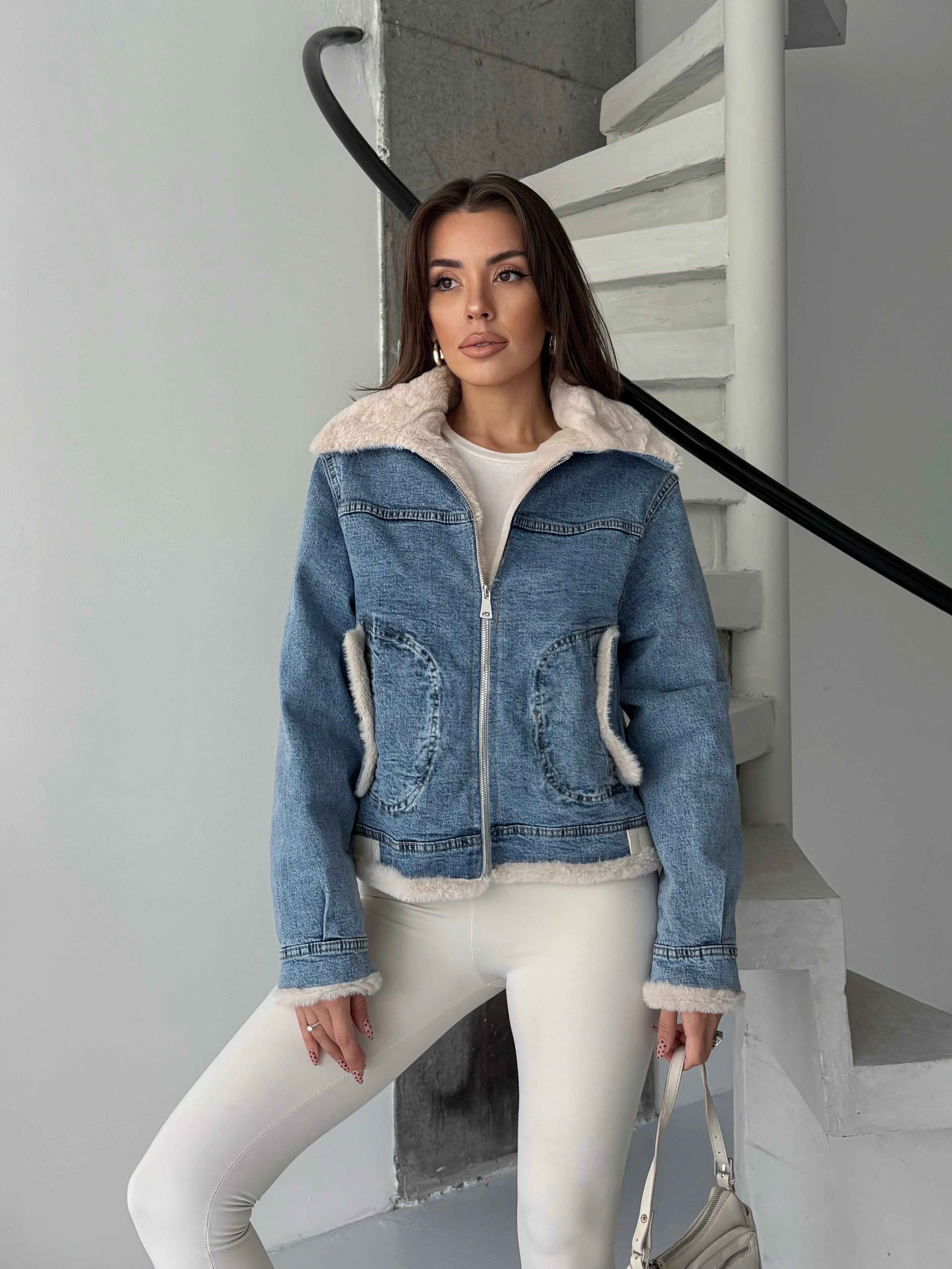 Yakası Peluş Denim Ceket - Mavi