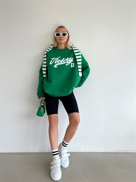 Victory Süzene Nakış Oversize Sweatshirt Yeşil