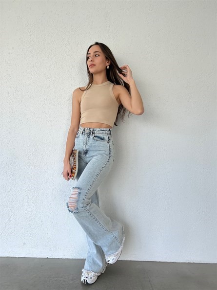 Halter Yaka Fitilli Croptop Taş