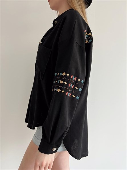 Etnik Nakışlı Oversize Gömlek Siyah