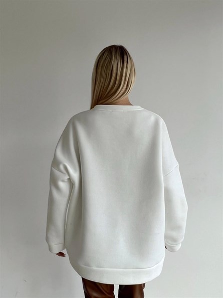 Nakışlı Oversize 3 İplik Sweat Beyaz