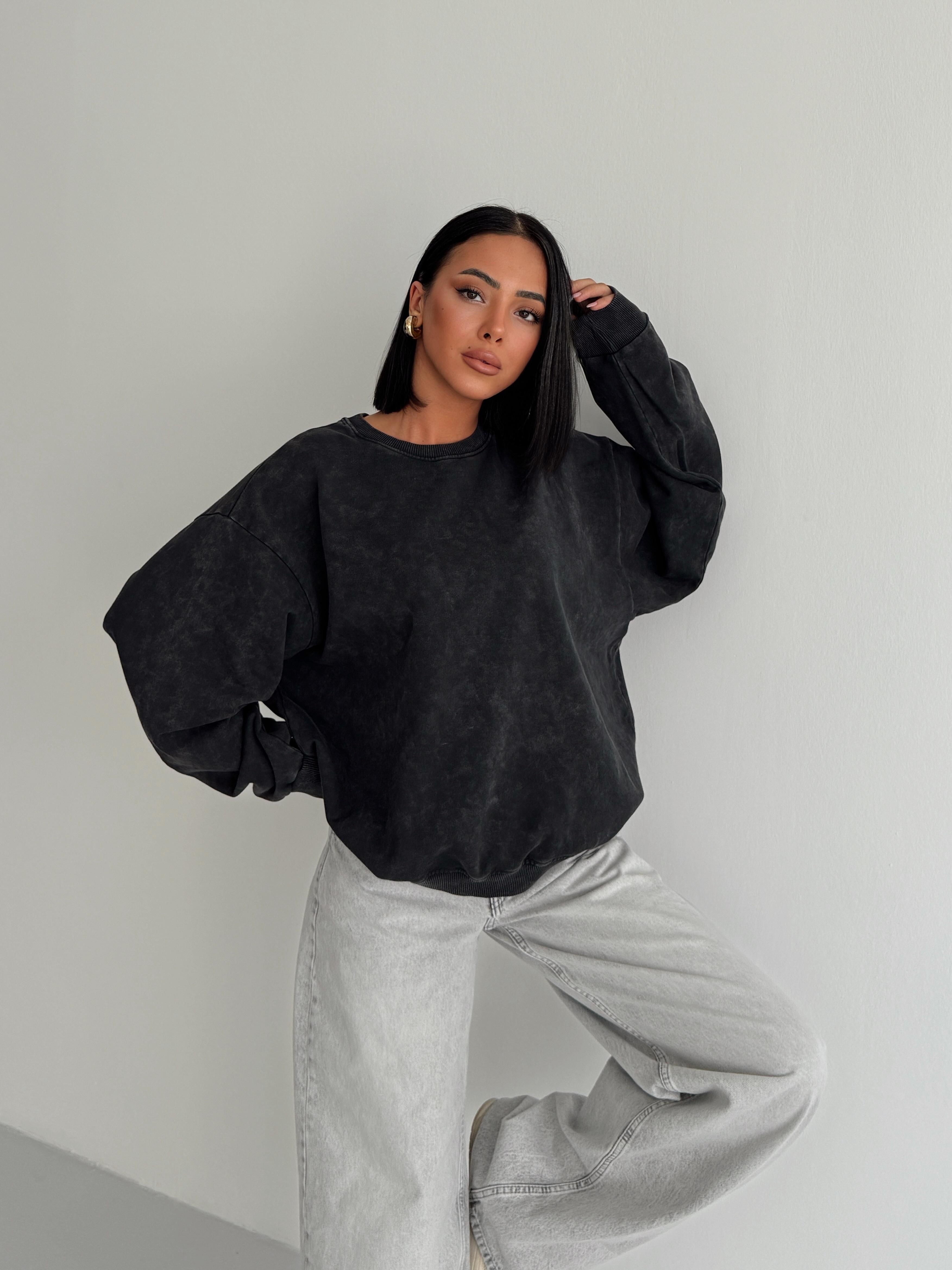 Bisiklet Yaka Yıkama Sweat - Füme
