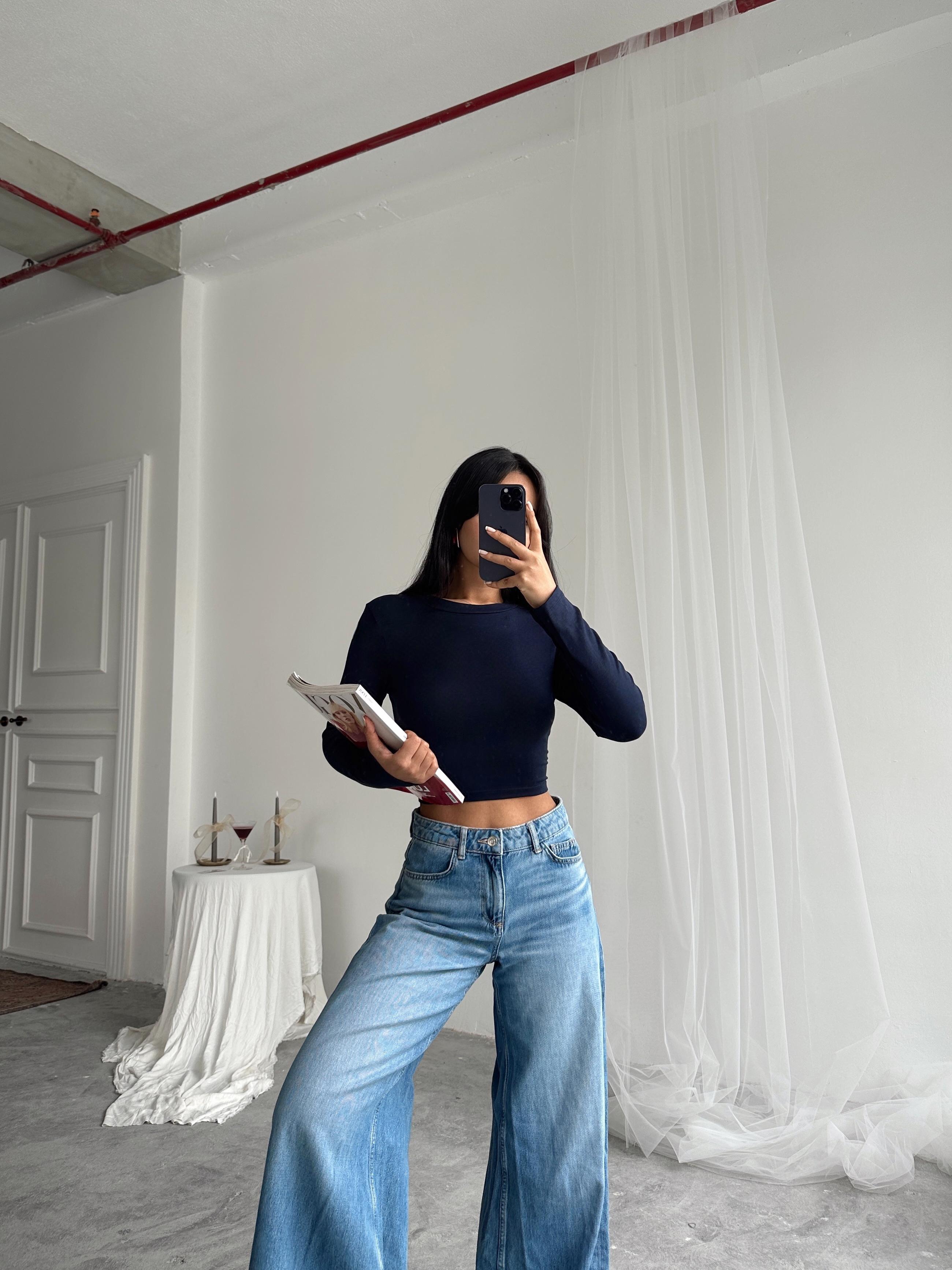 Düz Crop Bluz - Lacivert