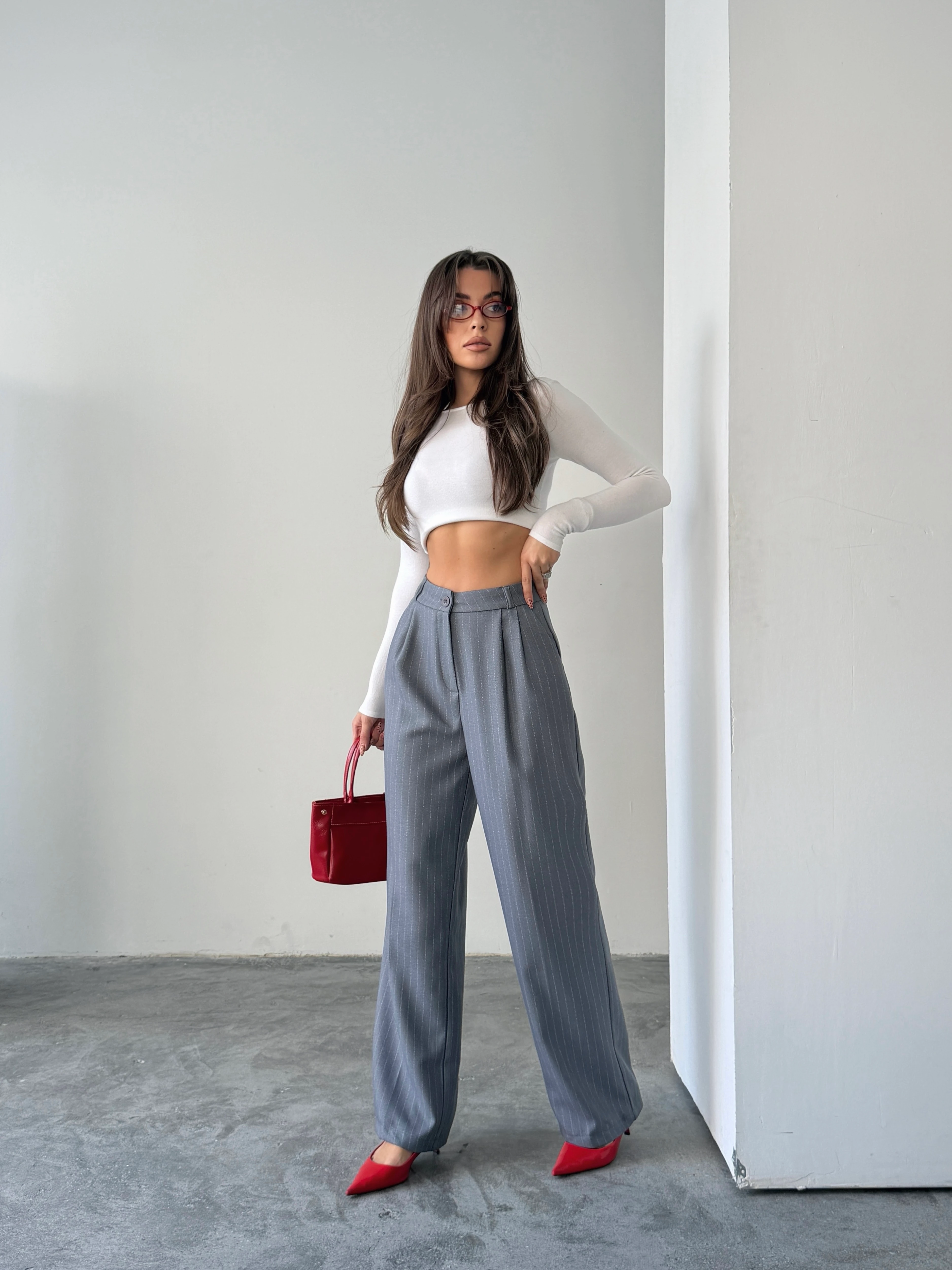 Yünefekt Çizgili Palazzo - Gri