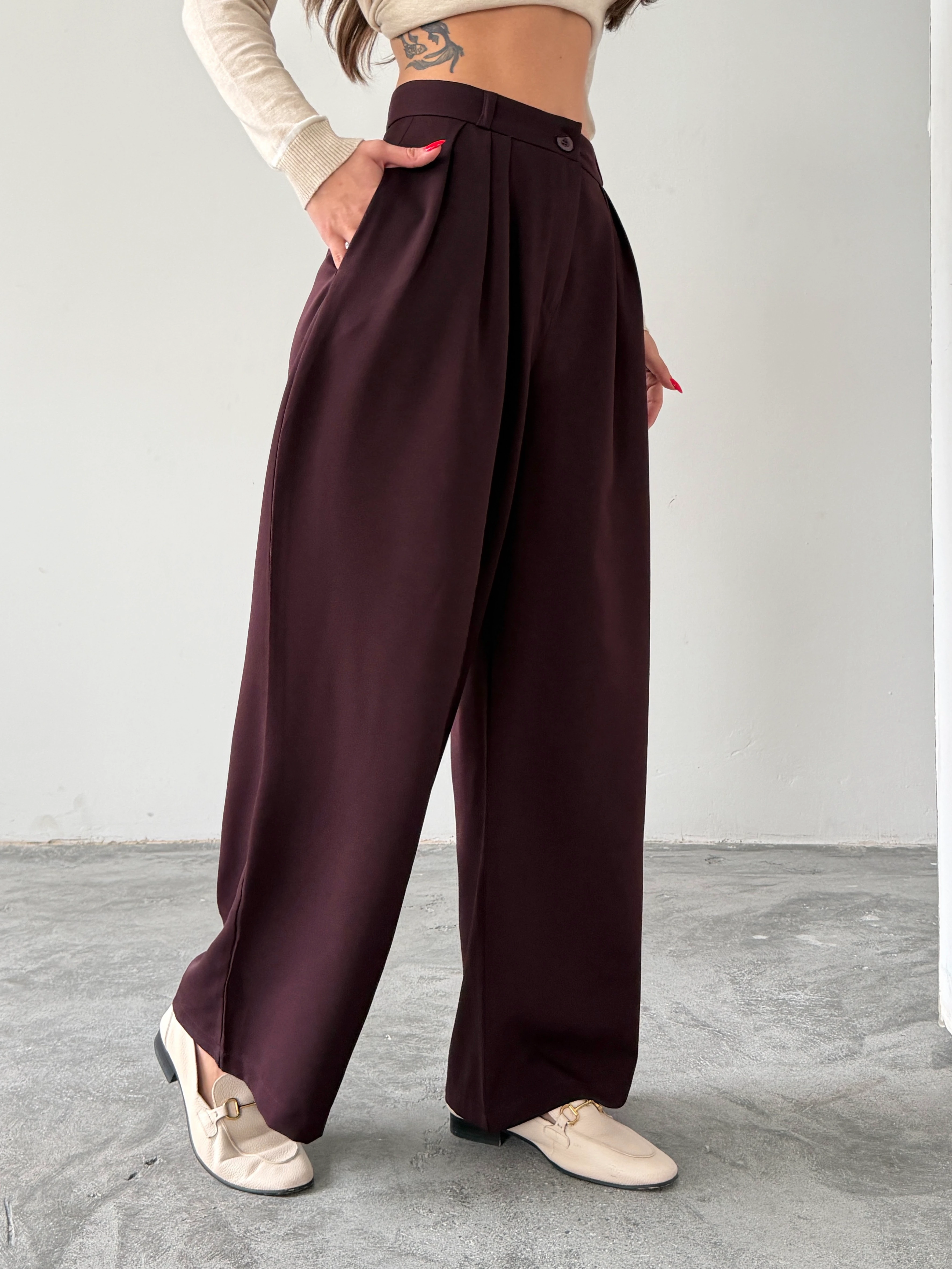 Üç Pile Palazzo Pantolon - Mürdüm