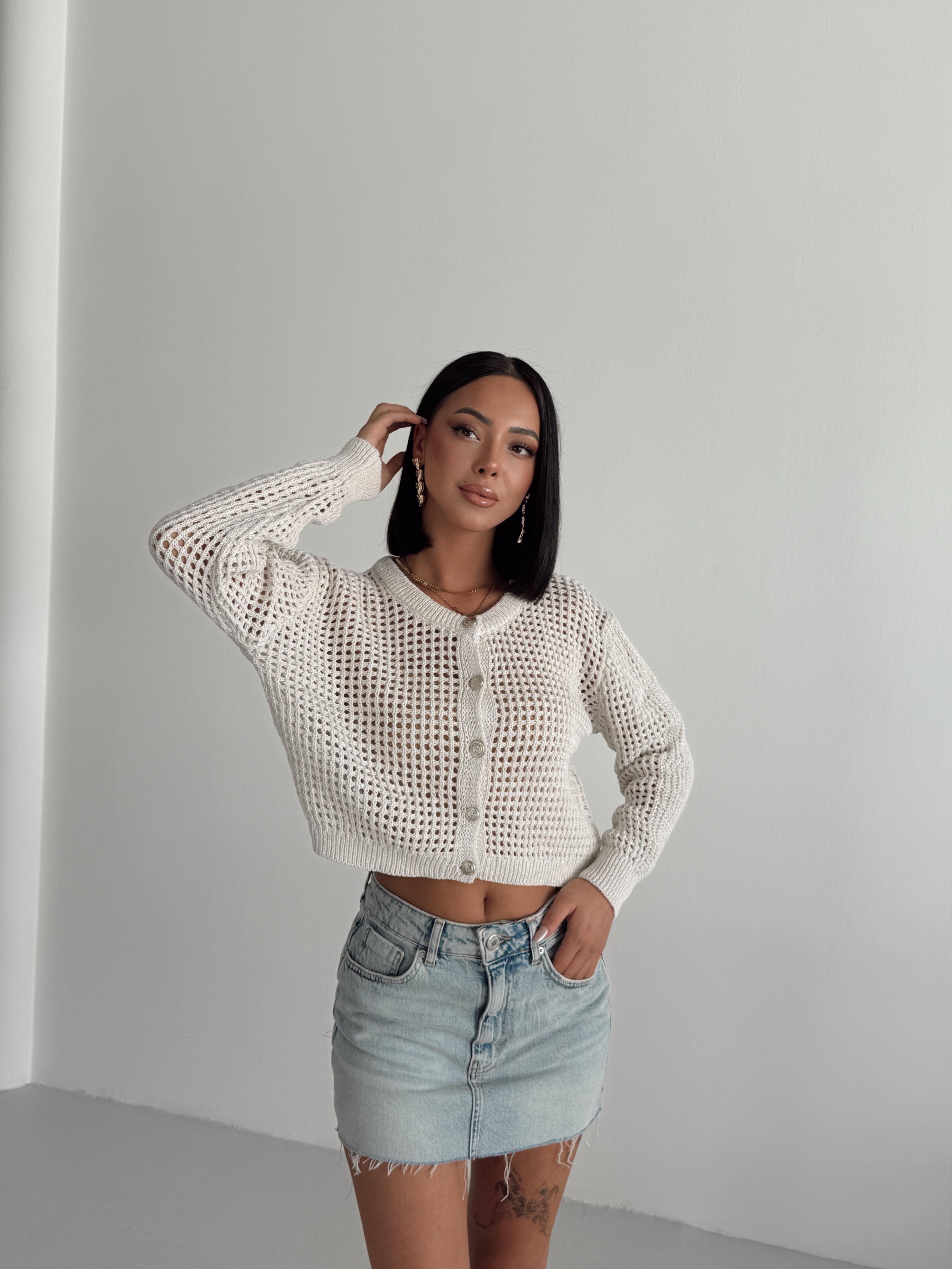 Simli Crop Hırka  - Krem