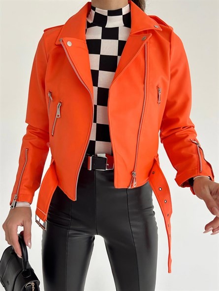 Kemerli Biker Deri Ceket Turuncu