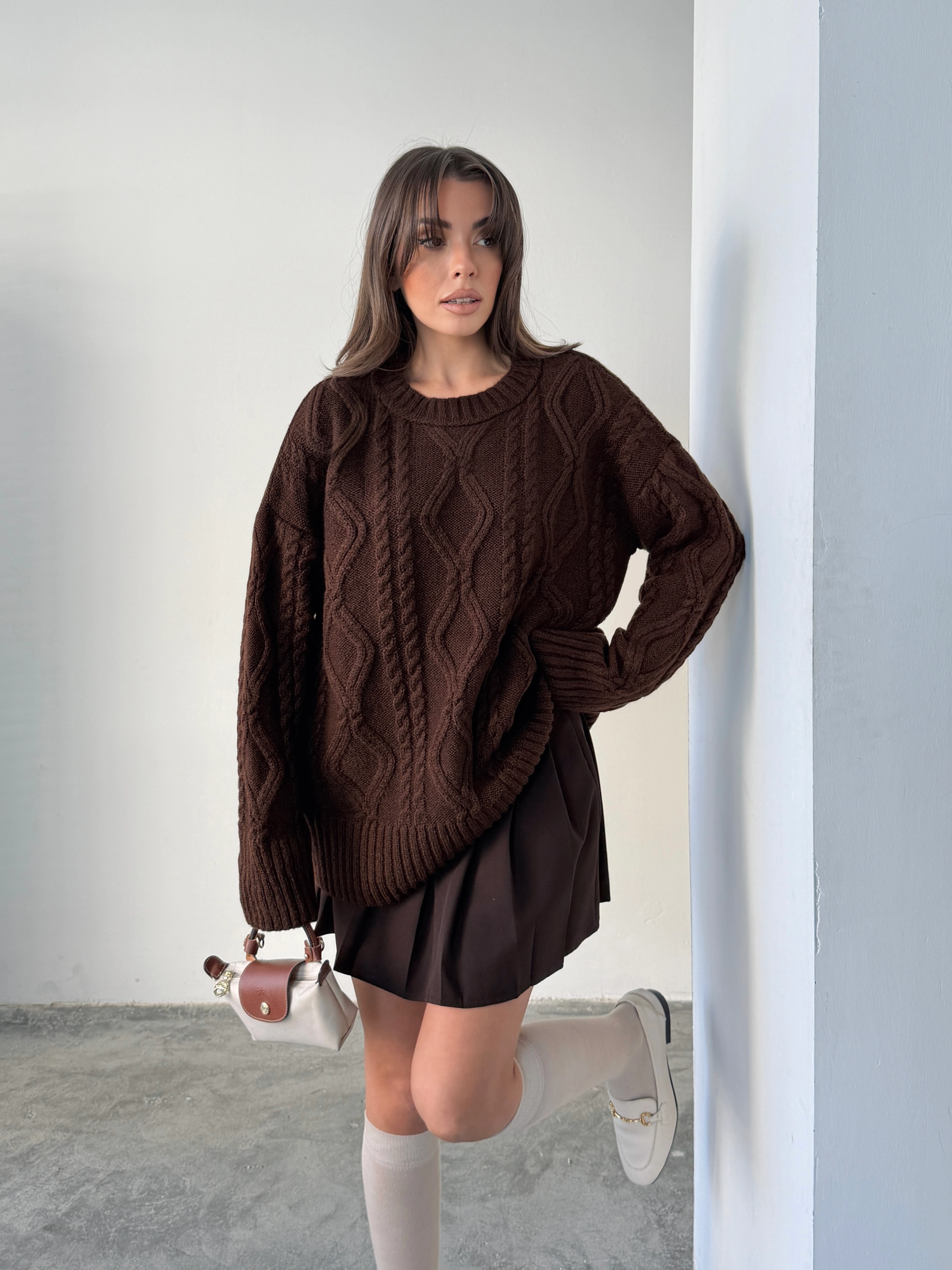 Saç Örgü Desenli Yıkamalı Triko - Acı kahve