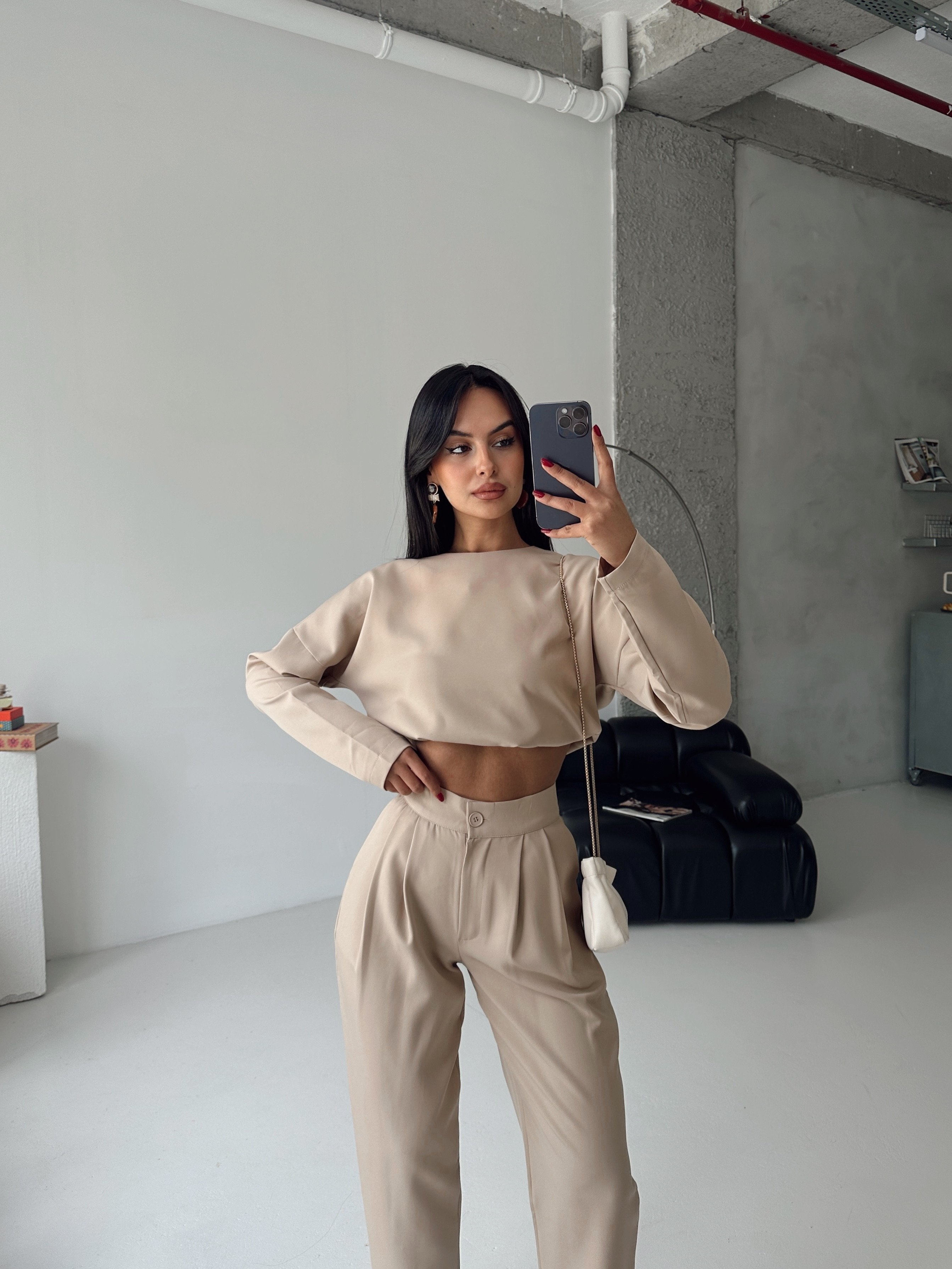 Petra Crop Pantolon Takım Bej