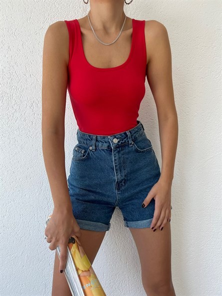 Kare Yaka Basic Bluz Kırmızı