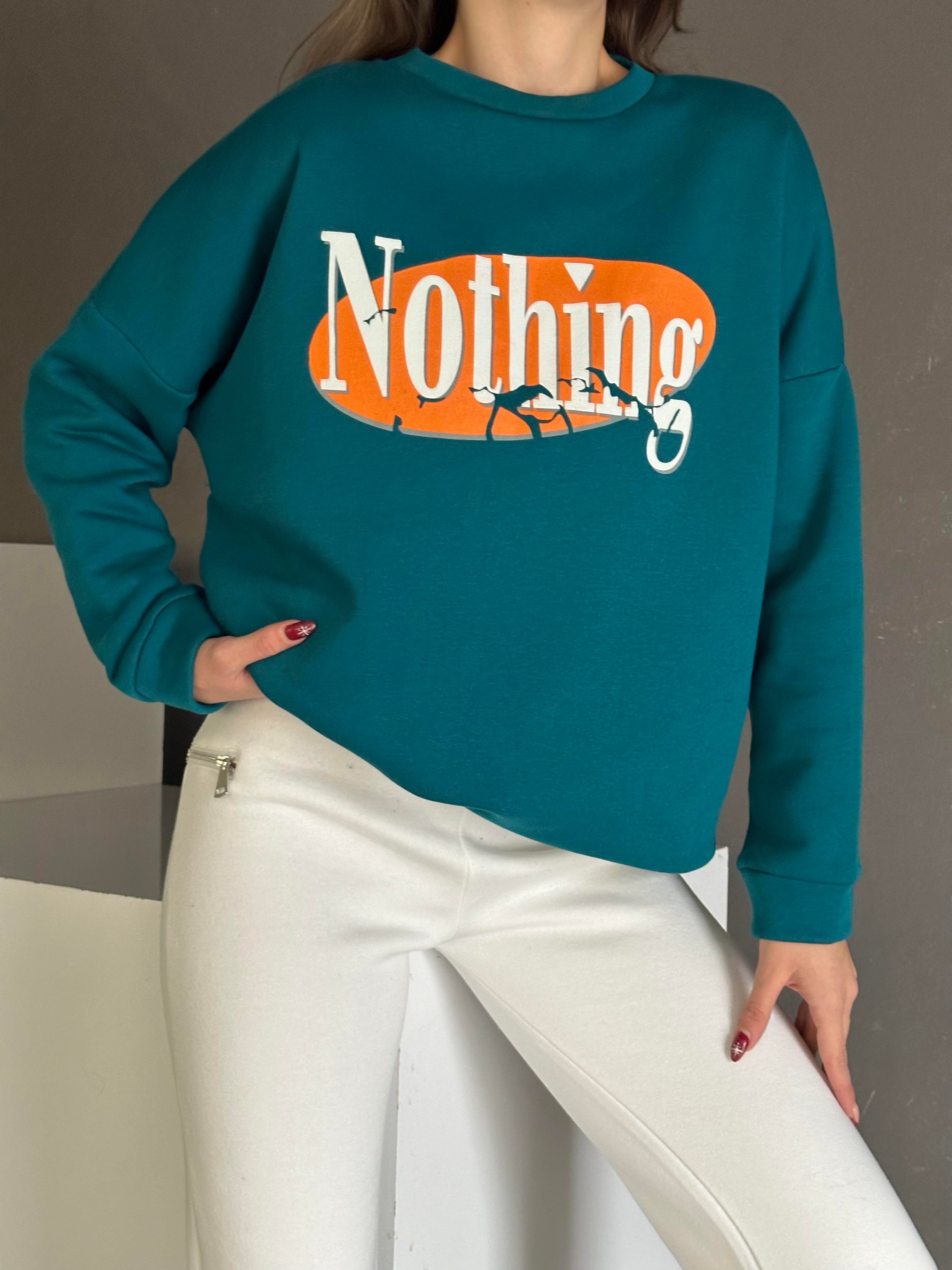 Nothing Baskı 3 İplik Şardonlu Sweatshirt Petrol Mavisi