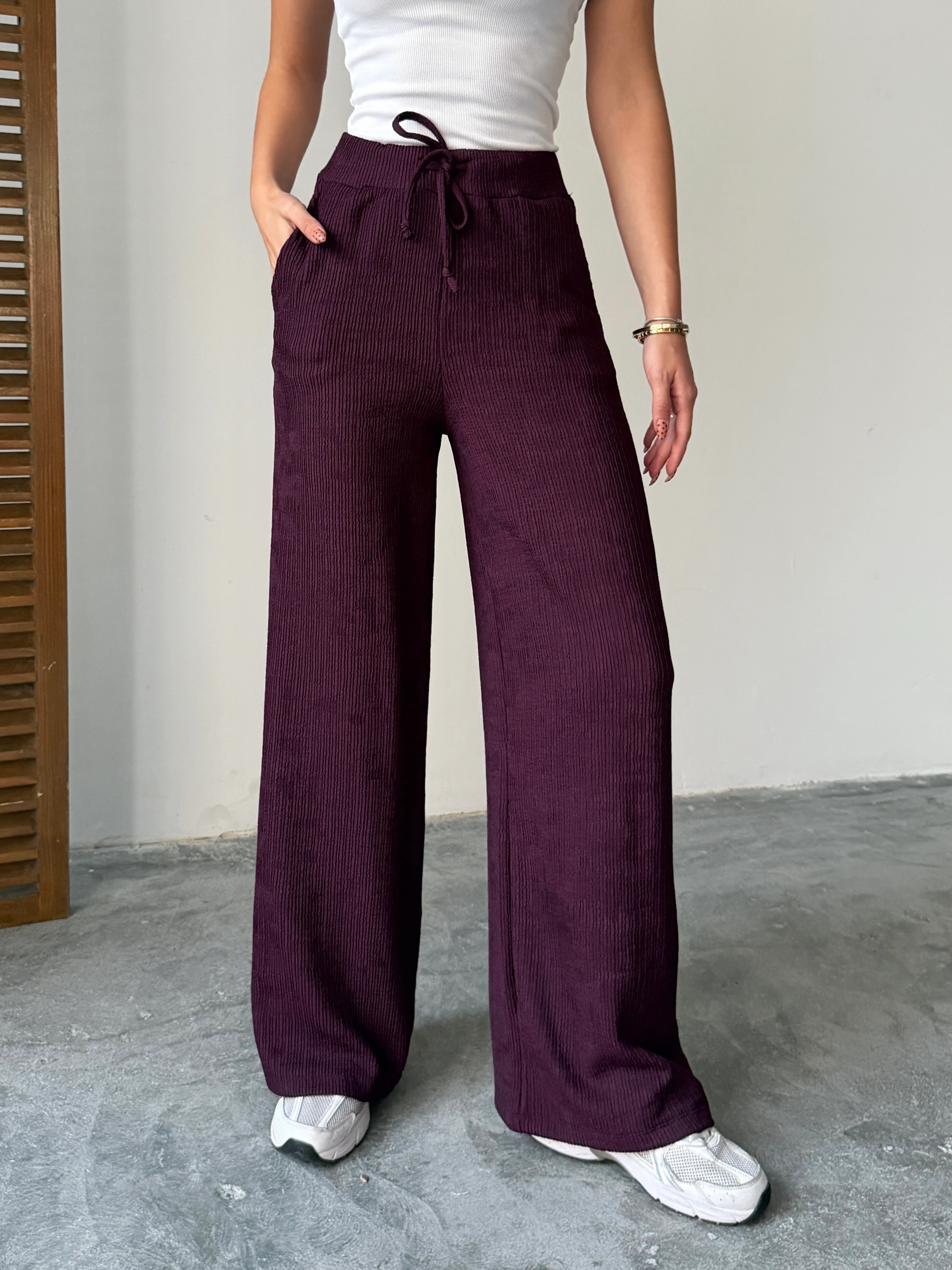 Bel Bağcık Fitilli Pantolon - Mürdüm