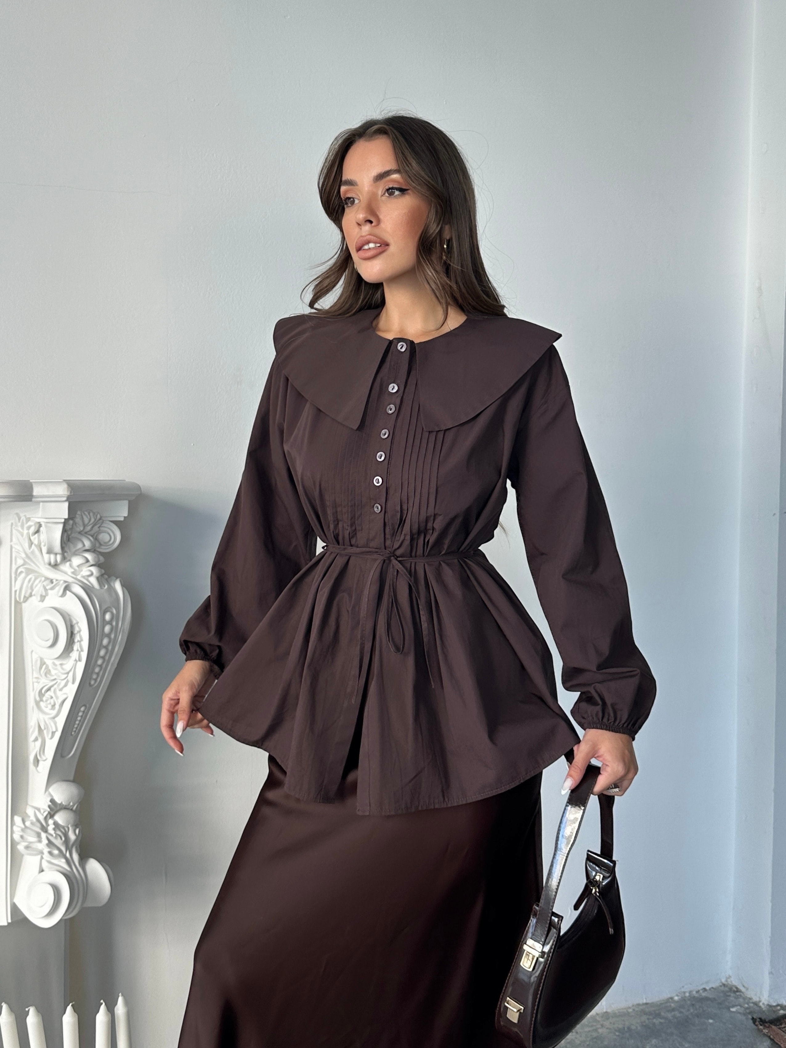 Geniş Yaka Poplin Gömlek - Kahve