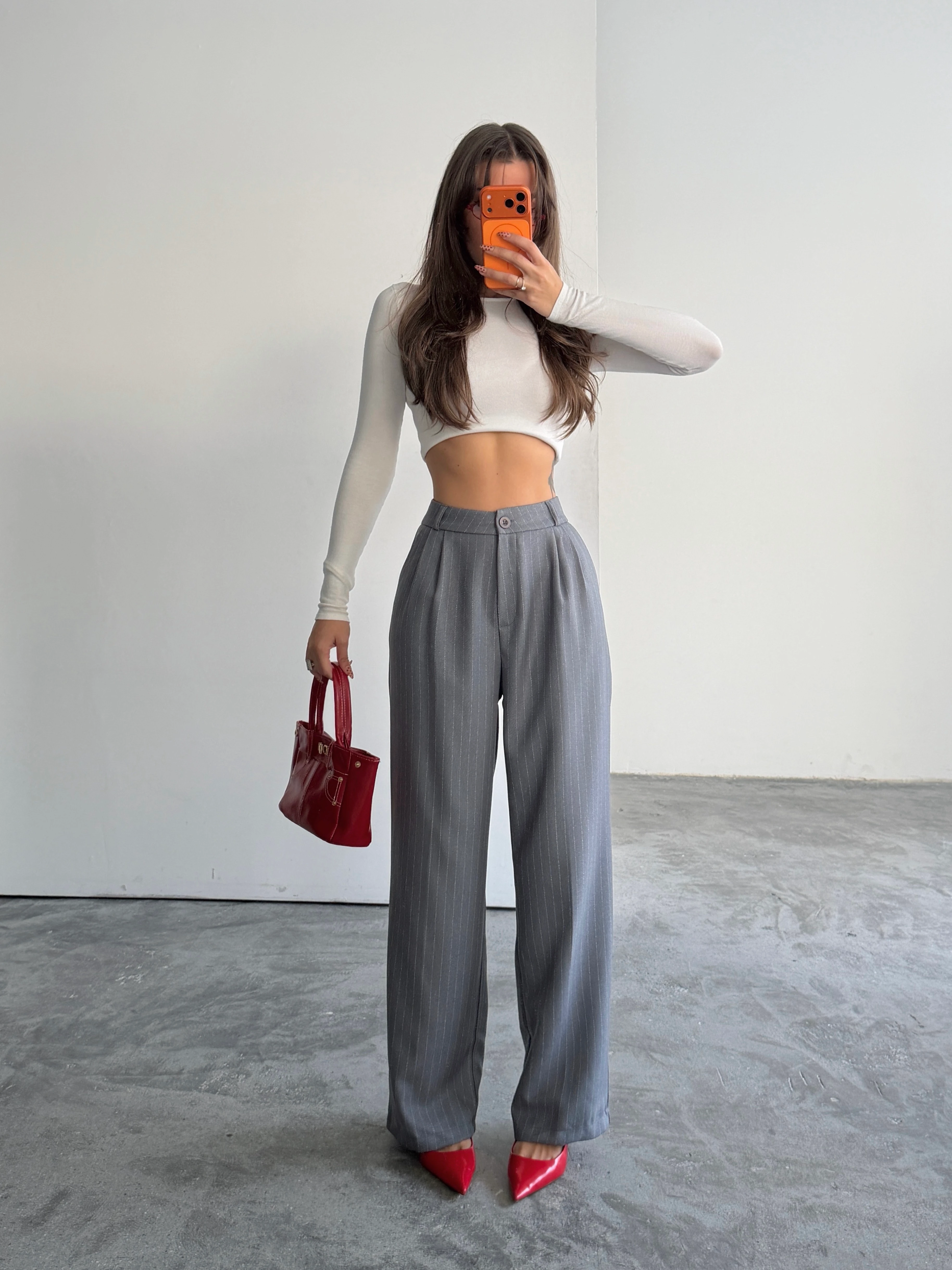 Yünefekt Çizgili Palazzo - Gri