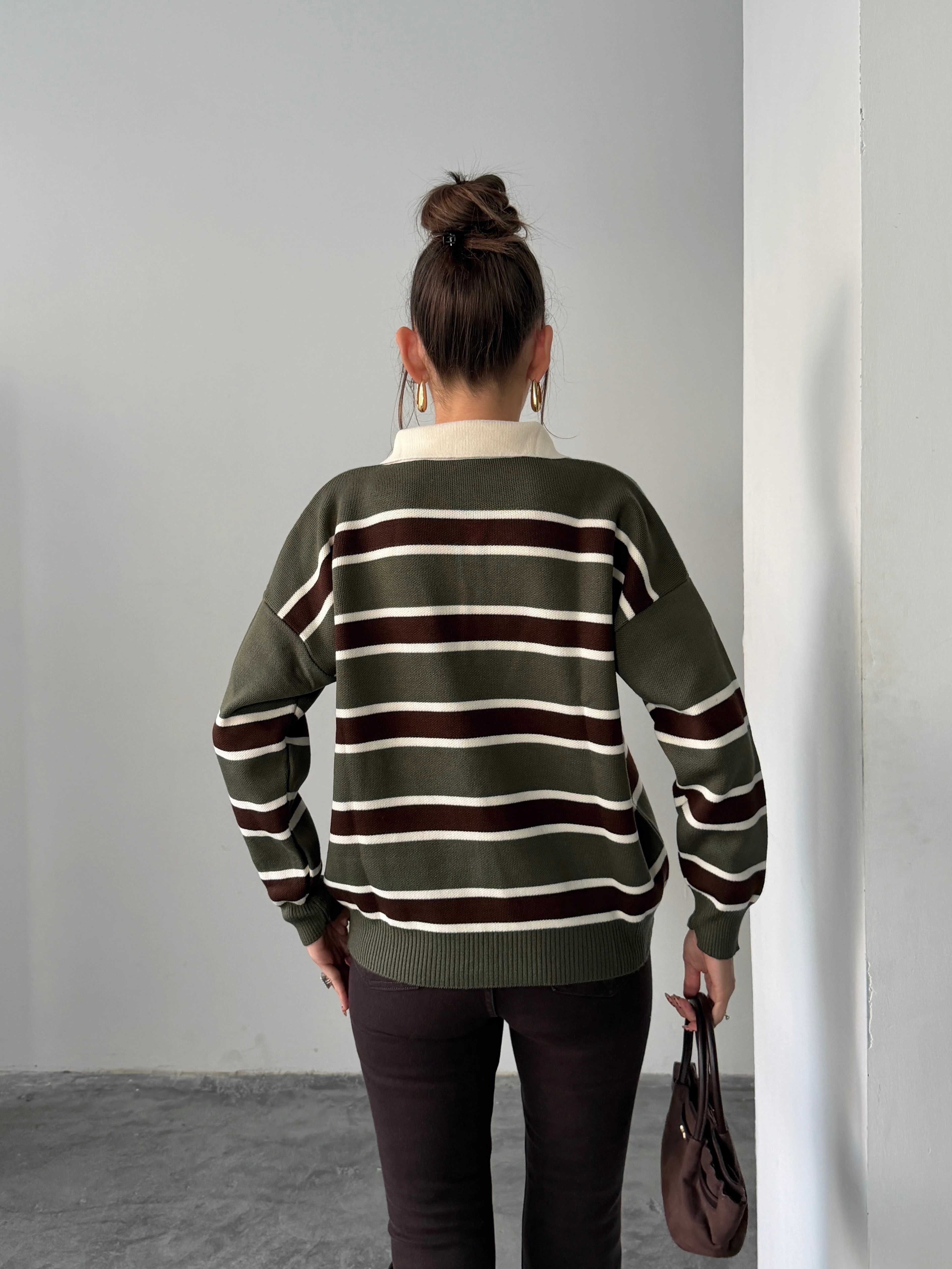 Polo Yaka Çizgili Triko - haki-kahve