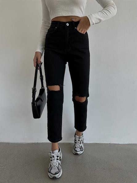 Distressed Mom Jean Siyah