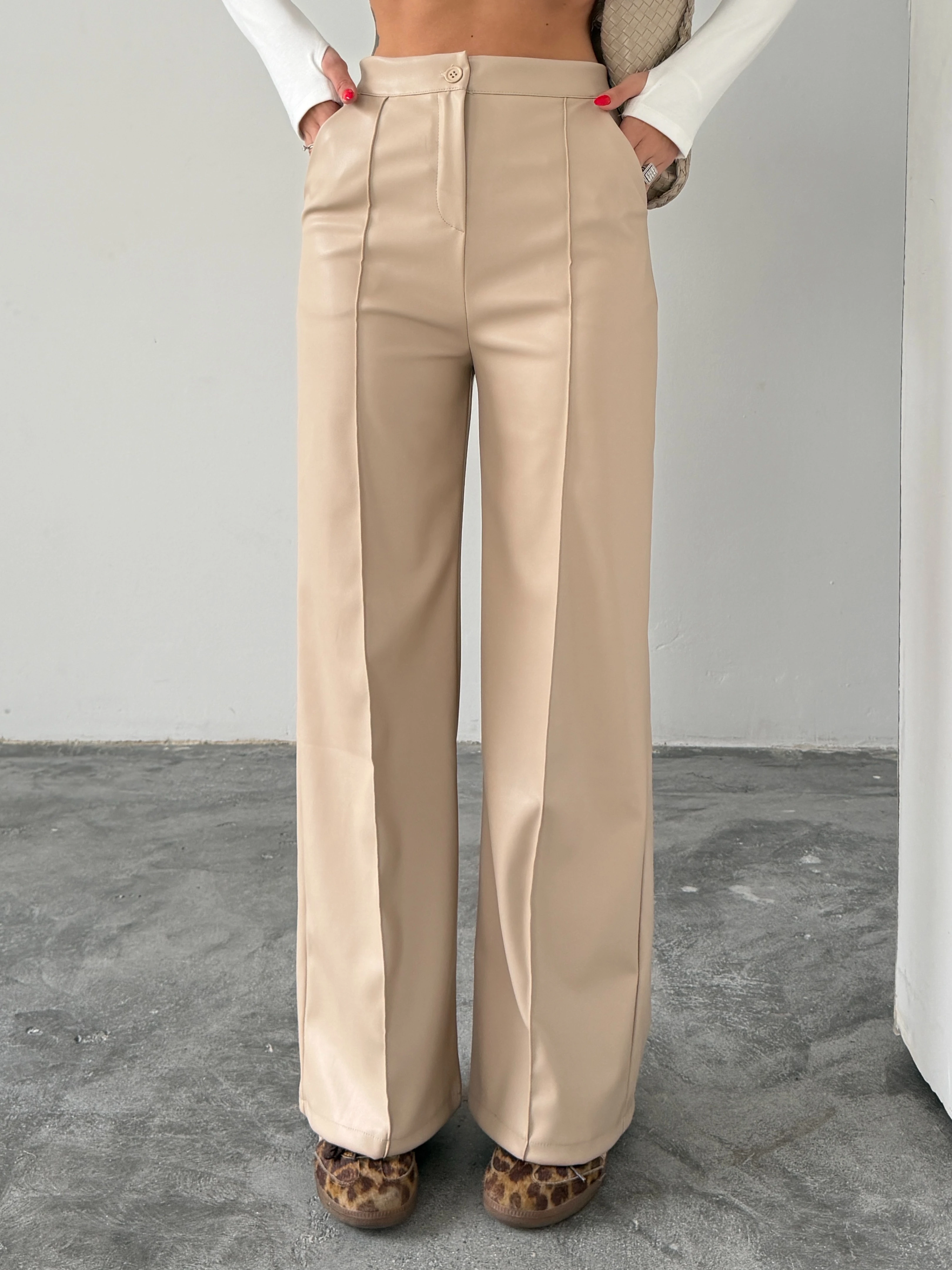 Çımalı Deri Palazzo Pantolon  - Taş