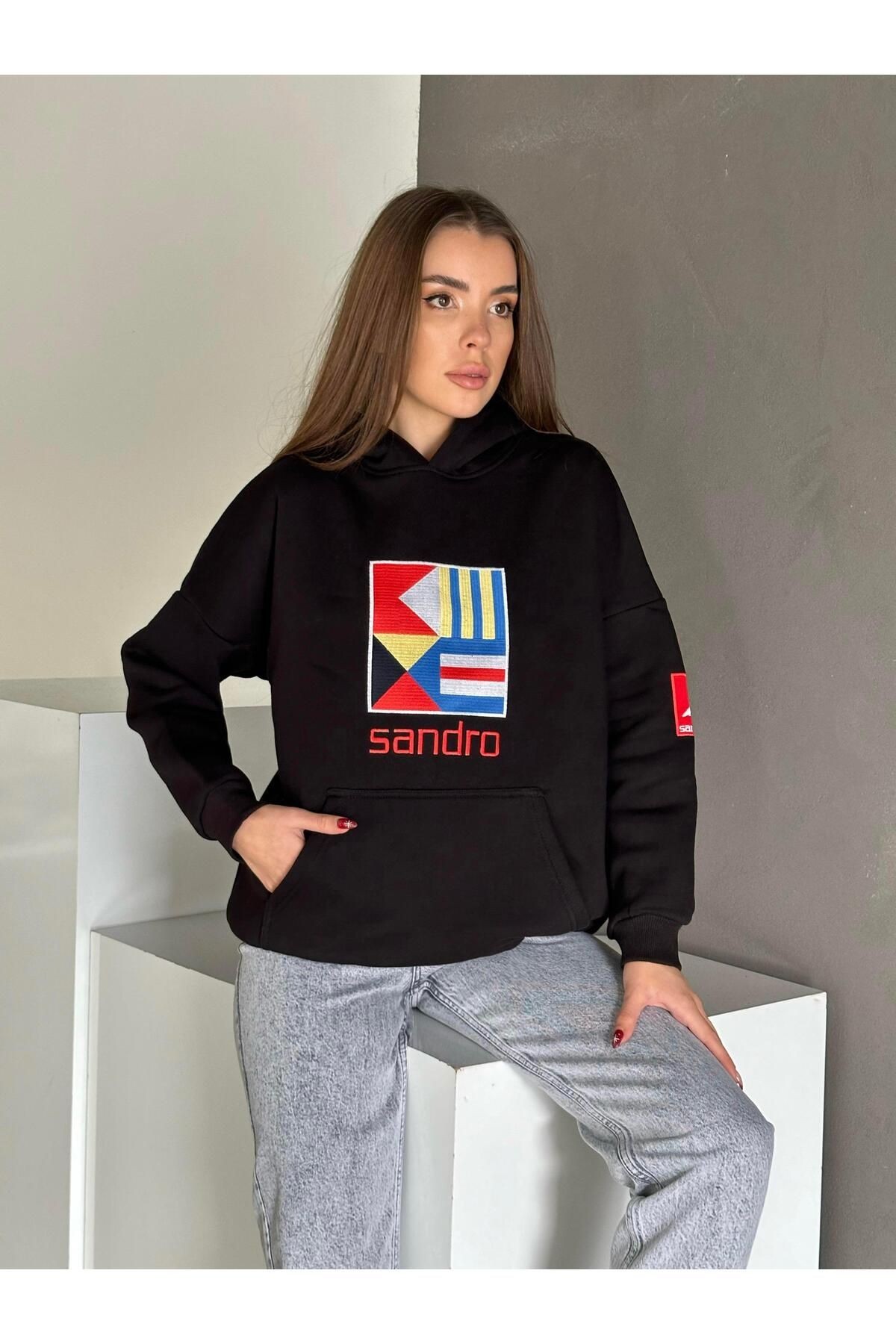 Sandro Kabartma İşleme Oversize 3 İplik Sweatshirt Siyah