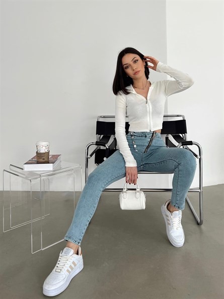 Asimetrik Düğme Detay Likralı Skinny Jean Buz Mavi