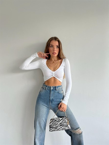 Be Happy Ön Burgu Croptop Beyaz