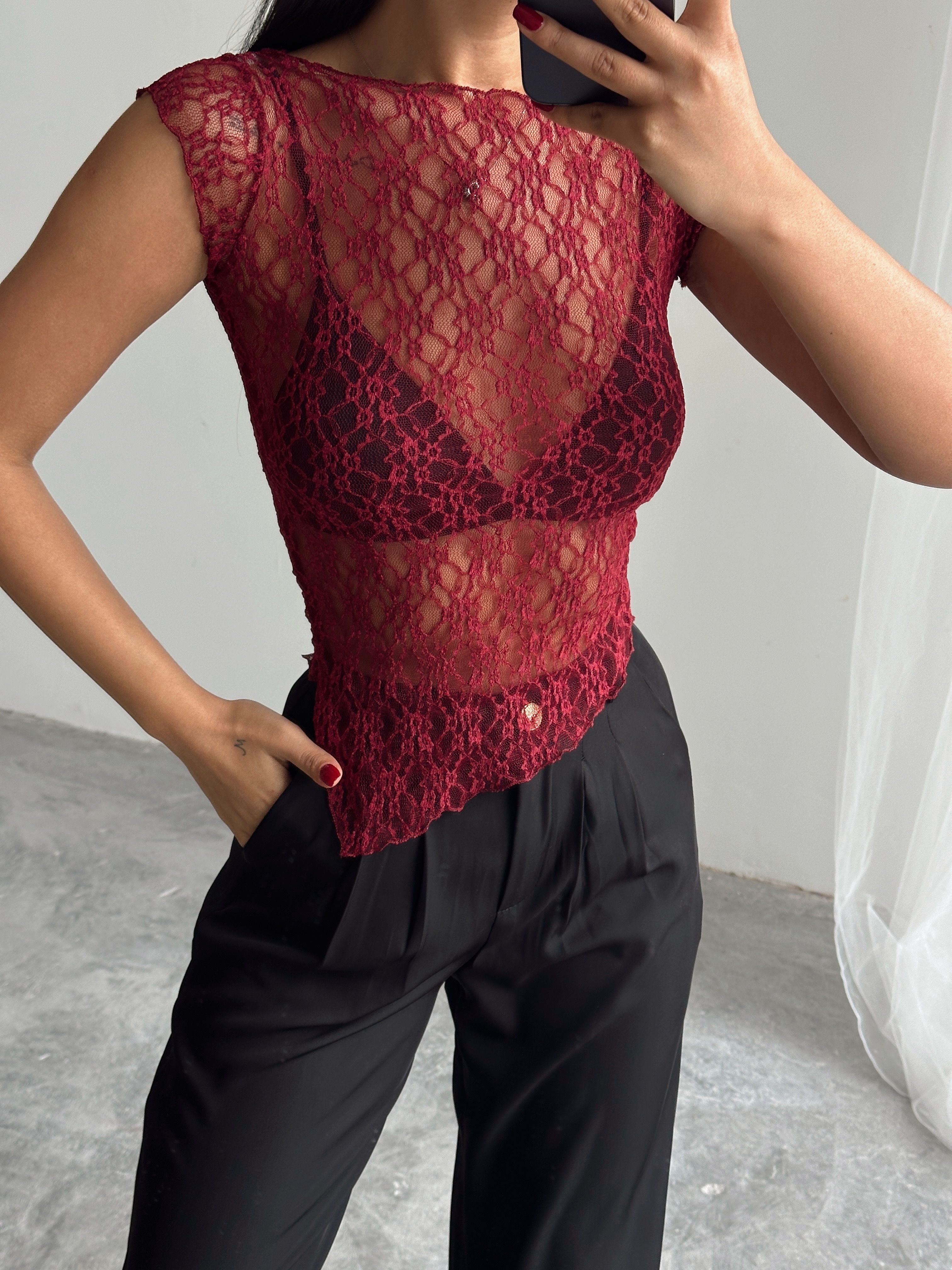 Asimetrik Dantel Bluz - Bordo