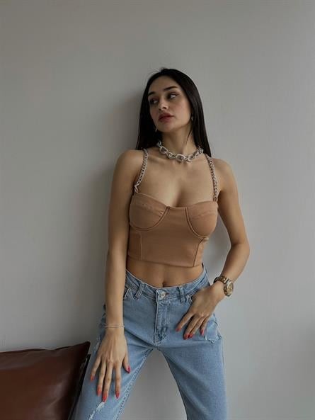 Cup Detay Zincirli Büstiyer Taba