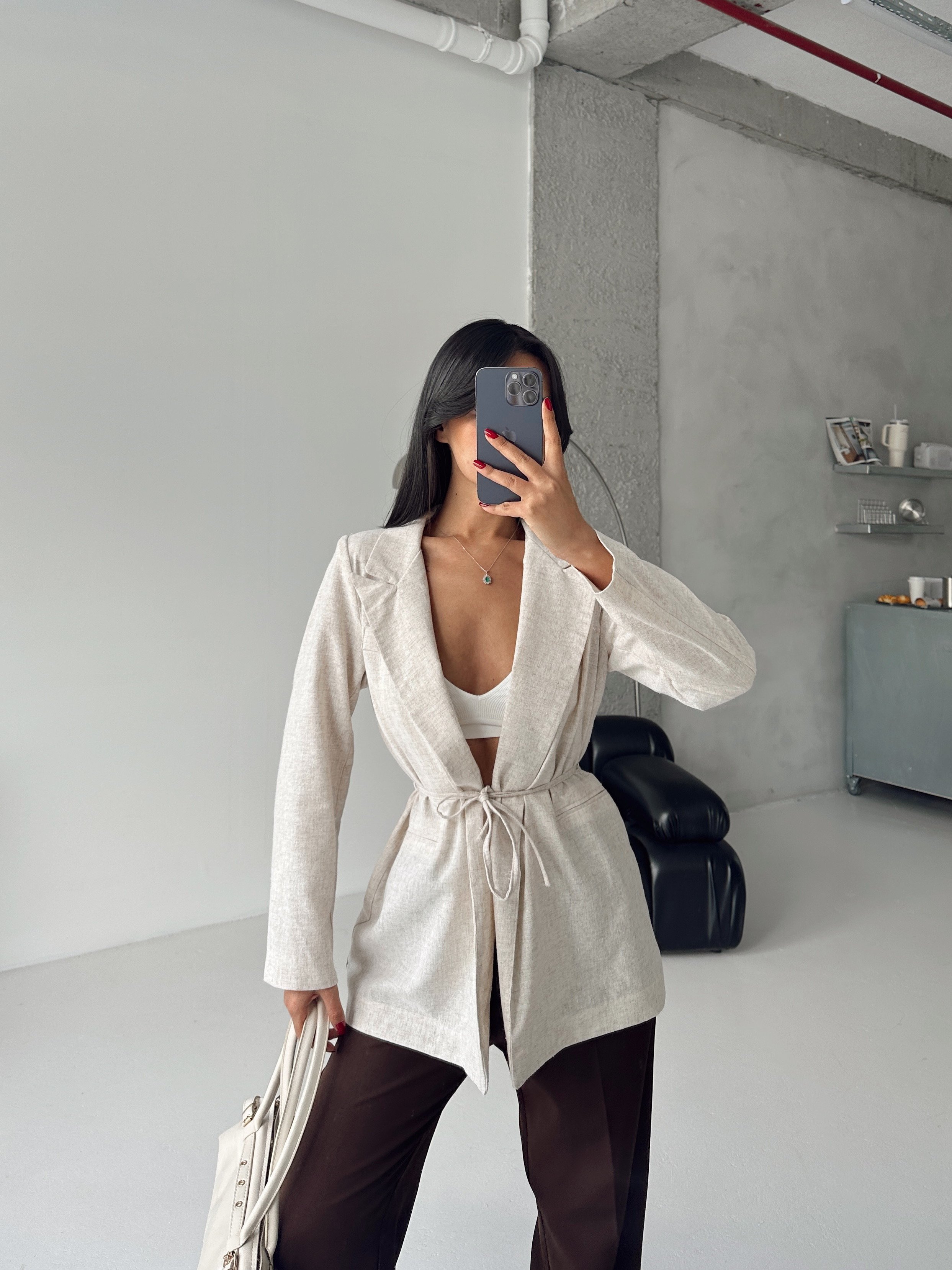 Keten Bağlamalı Blazer Ceket - Ekru
