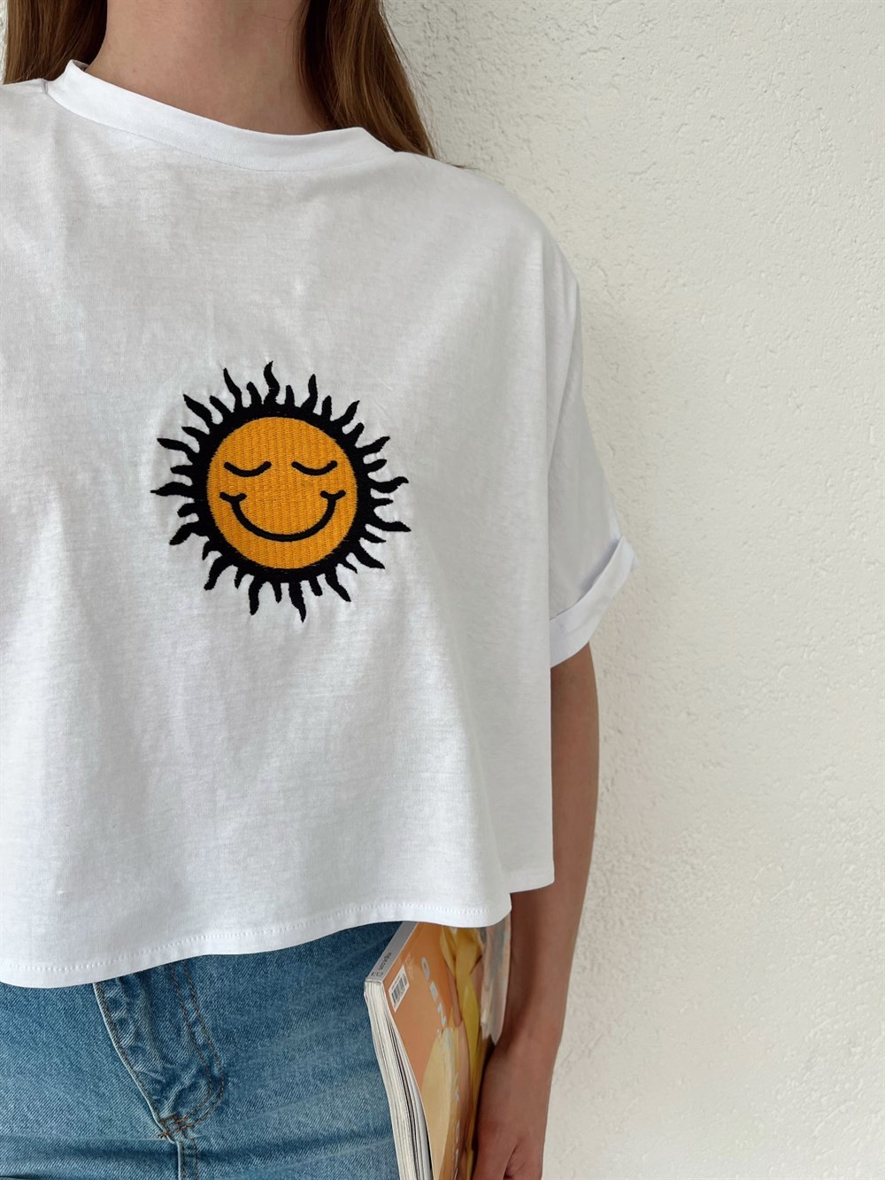 Sunshine İşleme Crop Basic Beyaz