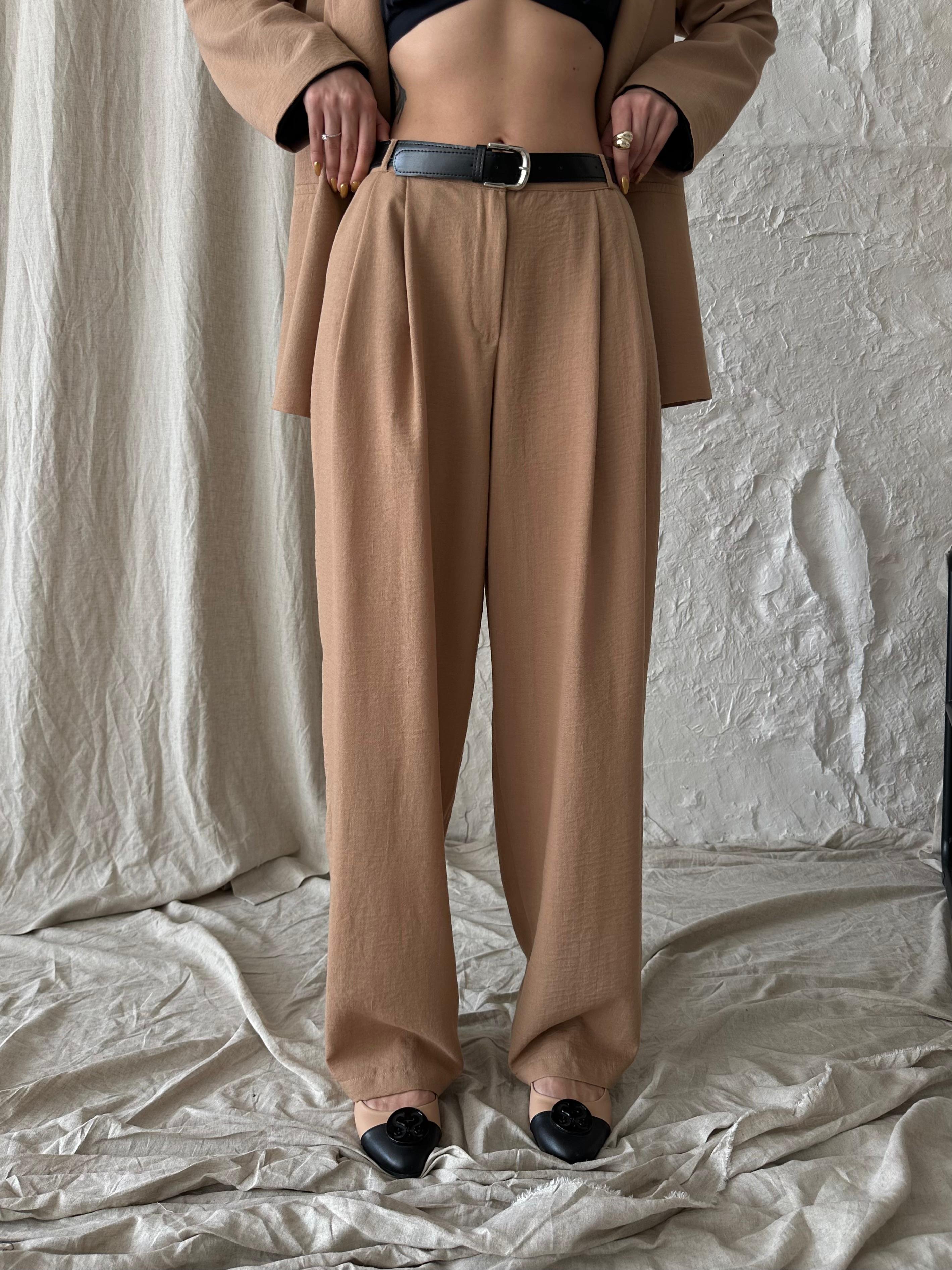  Kemerli Keten Pantolon - Vizon